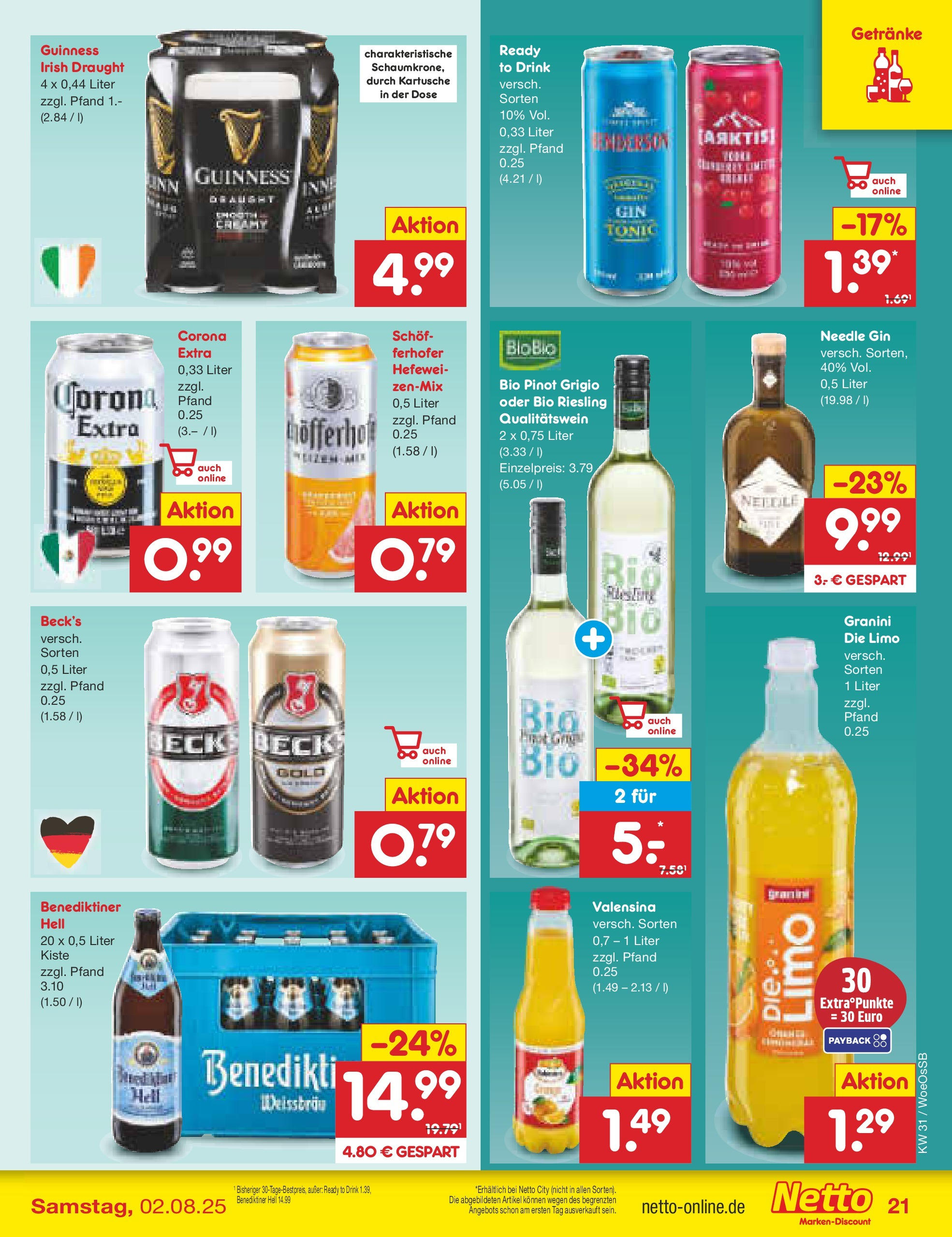 Netto Marken-Discount prospekt Gemmingen	 (ab 27.07.2025) » Angebote | Seite: 33 | Produkte: Benediktiner hell, Valensina, Granini, Gin