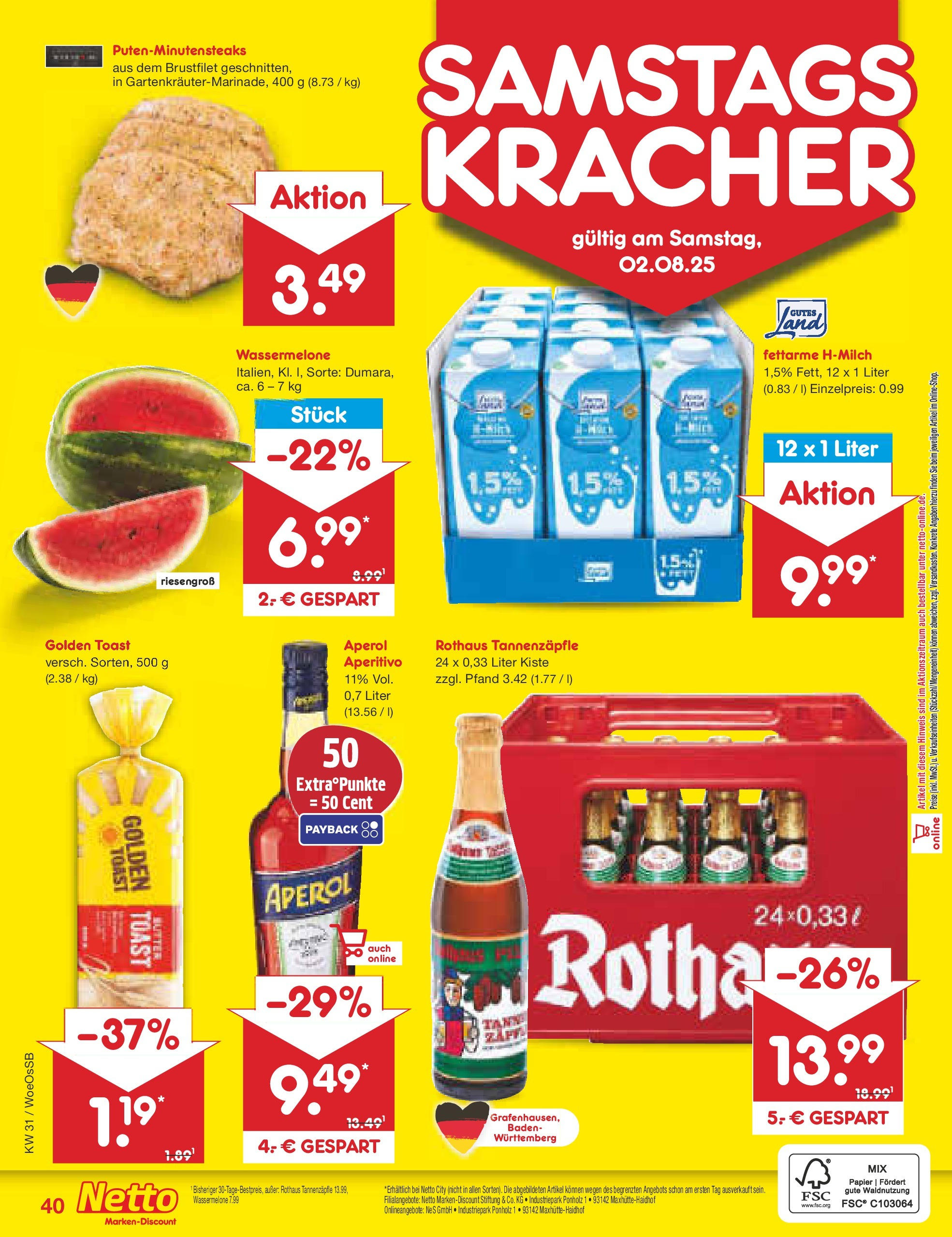 Netto Marken-Discount prospekt Gemmingen	 (ab 27.07.2025) » Angebote | Seite: 64 | Produkte: Butter, Toast, Wassermelone, Aperol