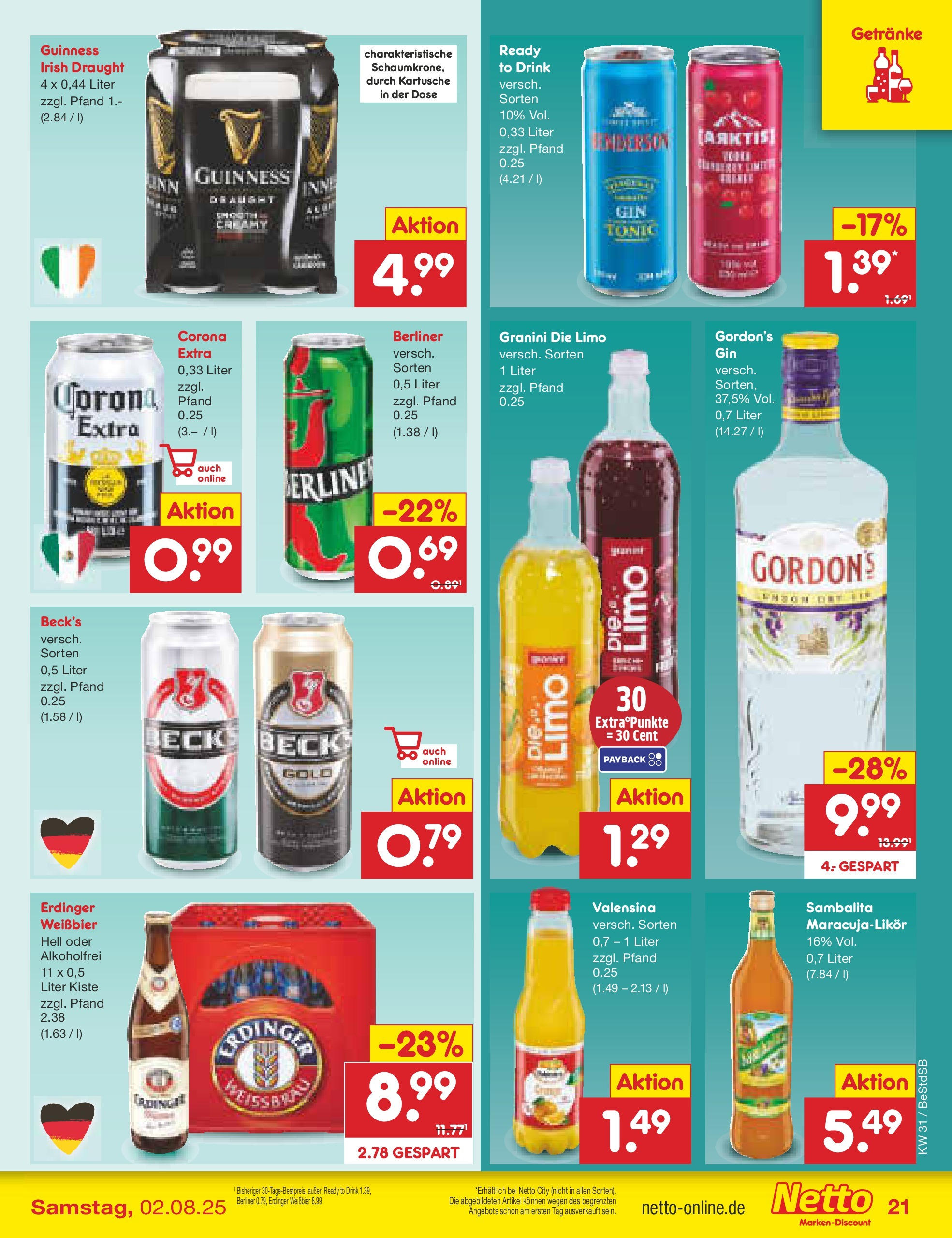 Netto Marken-Discount prospekt Berlin-Spandau (ab 28.07.2025) » Angebote | Seite: 33 | Produkte: Berliner, Erdinger, Weißbier, Granini Netto Marken-Discount prospekt Berlin-Spandau (ab 28.07.2025) » Angebote | Seite: 33 | Produkte: Berliner, Erdinger, Weißbier, Granini