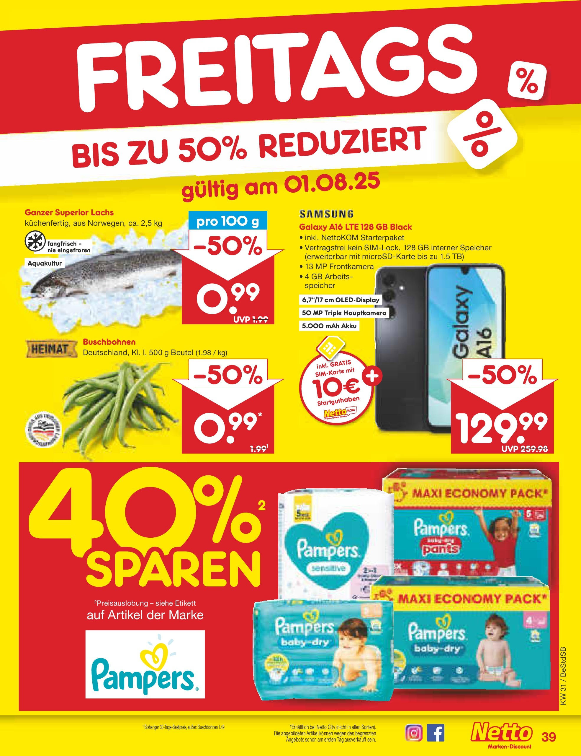 Netto Marken-Discount prospekt Berlin-Spandau (ab 28.07.2025) » Angebote | Seite: 63 | Produkte: Pampers, Samsung, Lachs Netto Marken-Discount prospekt Berlin-Spandau (ab 28.07.2025) » Angebote | Seite: 63 | Produkte: Pampers, Samsung, Lachs