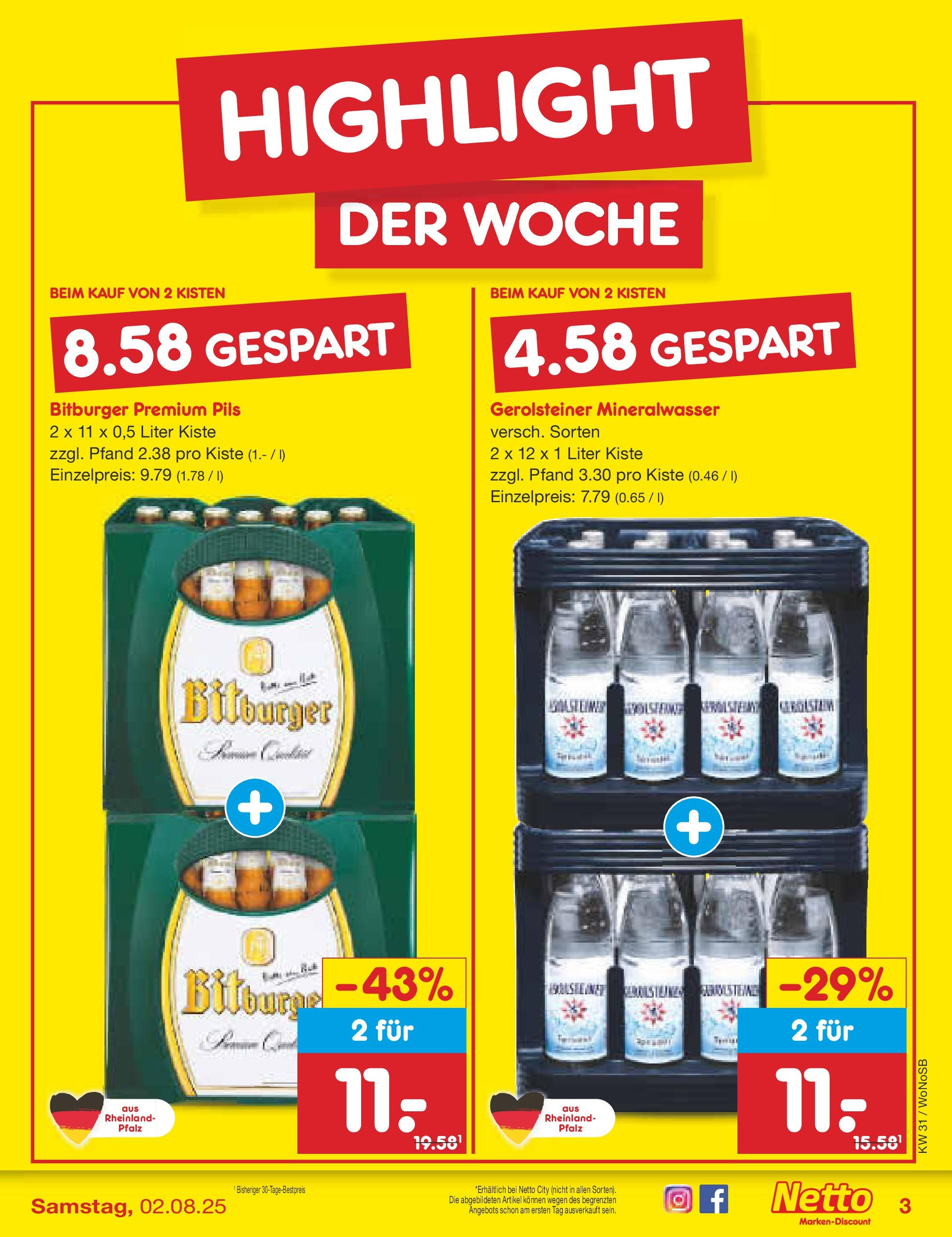 Netto Marken-Discount prospekt Lahnau (ab 28.07.2025) » Angebote | Seite: 3 | Produkte: Bitburger, Pils, Mineralwasser, Gerolsteiner Netto Marken-Discount prospekt Lahnau (ab 28.07.2025) » Angebote | Seite: 3 | Produkte: Bitburger, Pils, Mineralwasser, Gerolsteiner