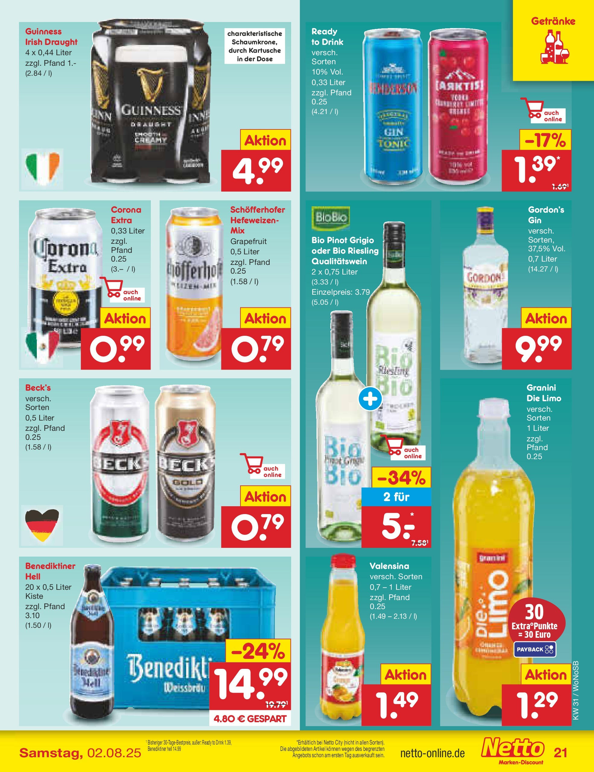 Netto Marken-Discount prospekt Lahnau (ab 28.07.2025) » Angebote | Seite: 33 | Produkte: Benediktiner hell, Valensina, Grapefruit, Granini Netto Marken-Discount prospekt Lahnau (ab 28.07.2025) » Angebote | Seite: 33 | Produkte: Benediktiner hell, Valensina, Grapefruit, Granini