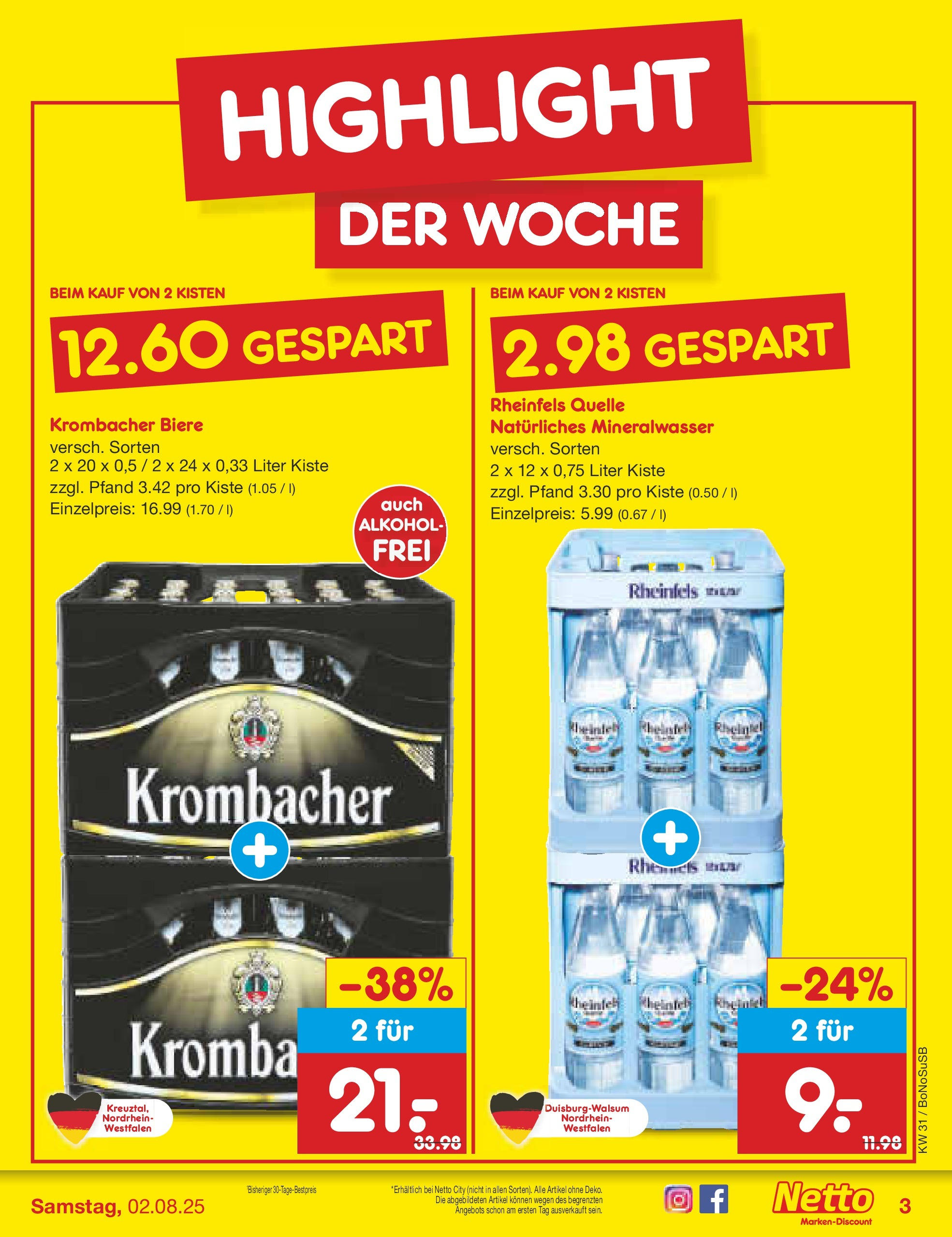 Netto Marken-Discount prospekt Herne (ab 28.07.2025) » Angebote | Seite: 3 | Produkte: Mineralwasser, Krombacher, Rheinfels quelle Netto Marken-Discount prospekt Herne (ab 28.07.2025) » Angebote | Seite: 3 | Produkte: Mineralwasser, Krombacher, Rheinfels quelle