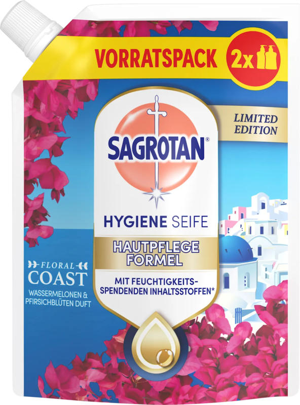 Sagrotan Flüssigseife Floral Coast Wassermelonen & Pfirsichblüten Duft, Nachfüllpack