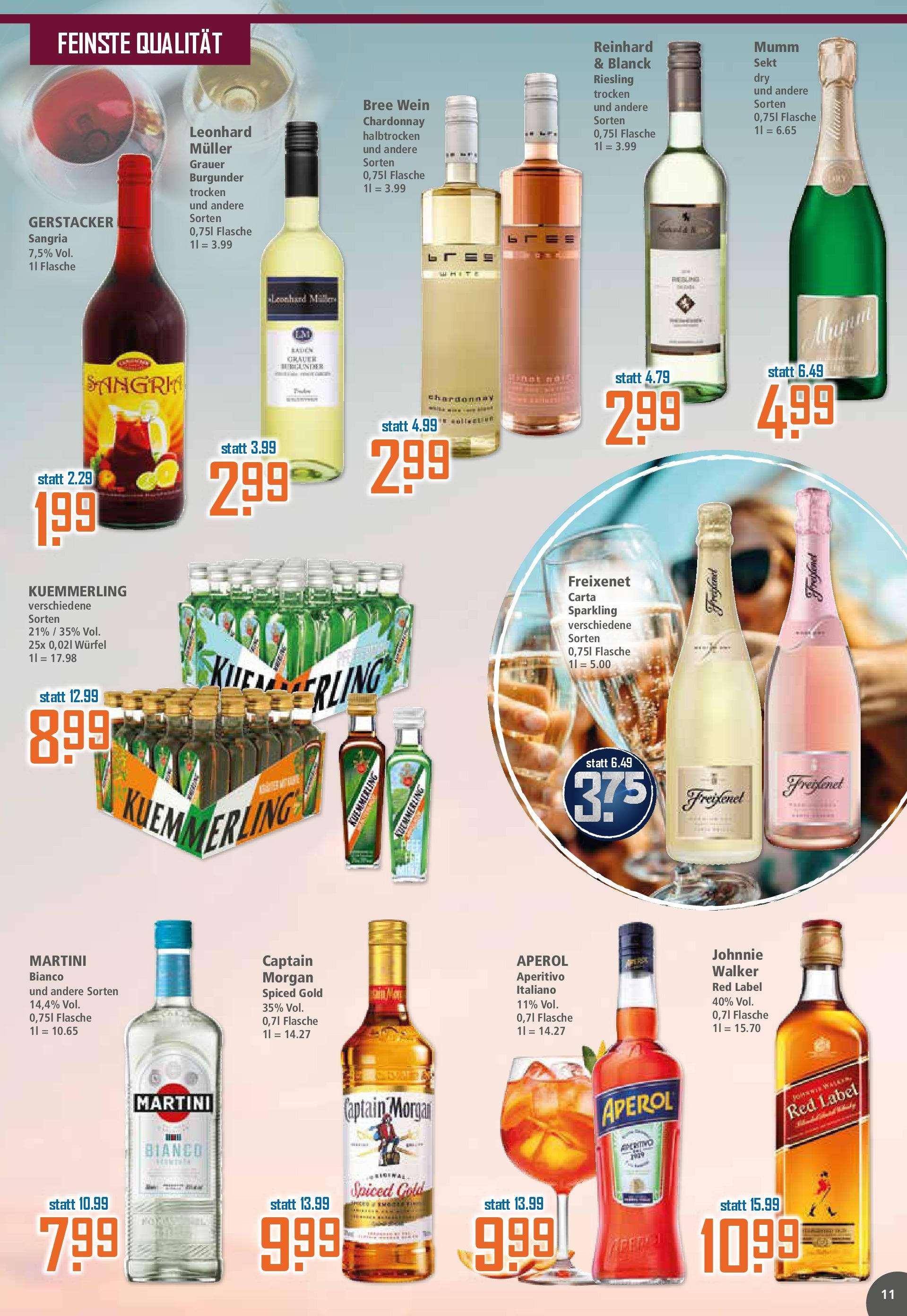 Klaas & Kock - K+K: Wochenangebote (ab 03.08.2025) zum Blättern | Seite: 11 | Produkte: Kuemmerling, Captain morgan, Aperol, Wein