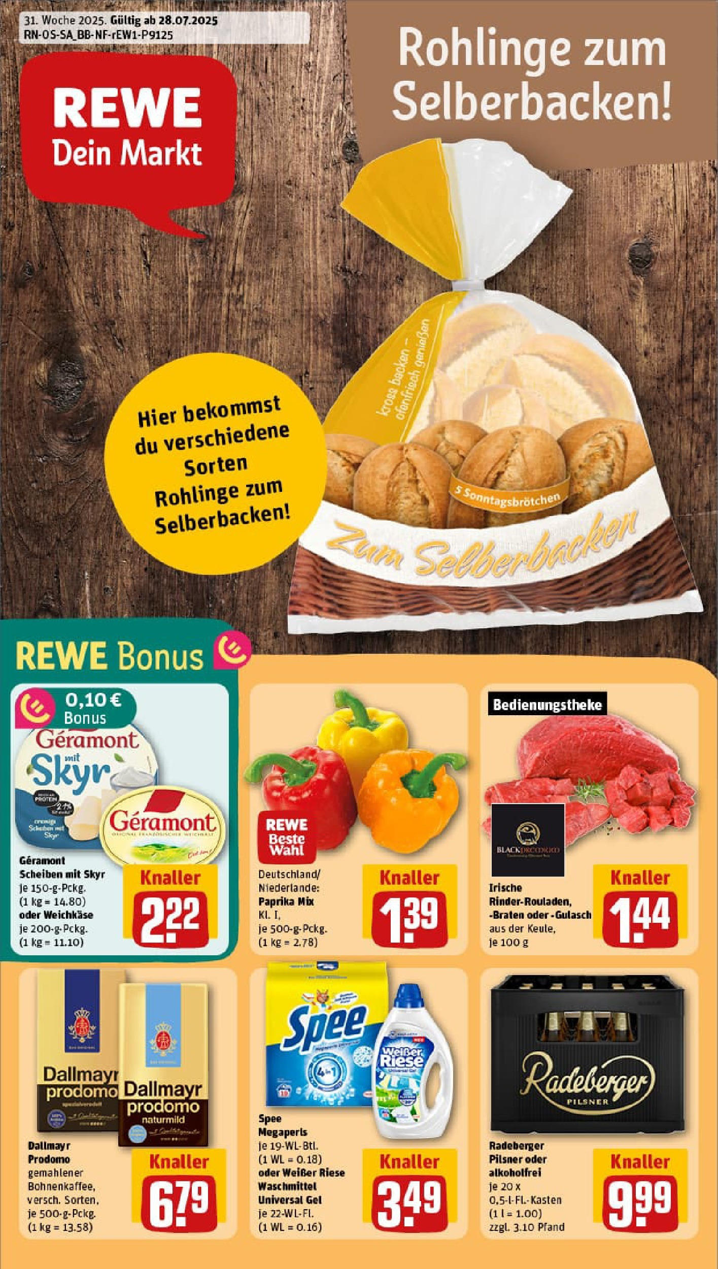 REWE Prospekt ab 27.07.2025 zum Blättern » Angebote | Seite: 1 | Produkte: Spee, Gulasch, Dallmayr prodomo, Radeberger pilsner