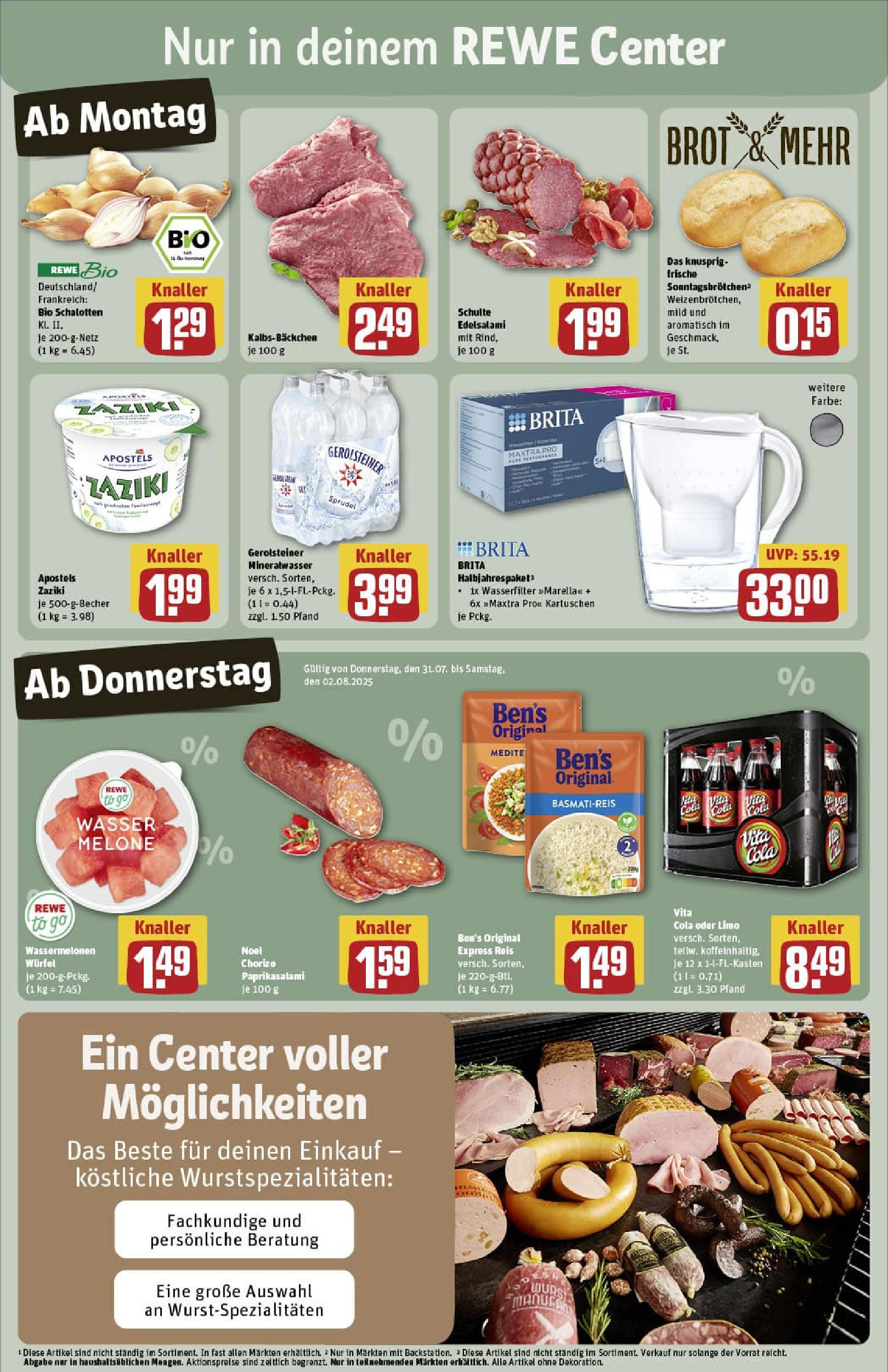REWE Prospekt ab 27.07.2025 zum Blättern » Angebote | Seite: 3 | Produkte: Cola, Wasser, Melone, Brot