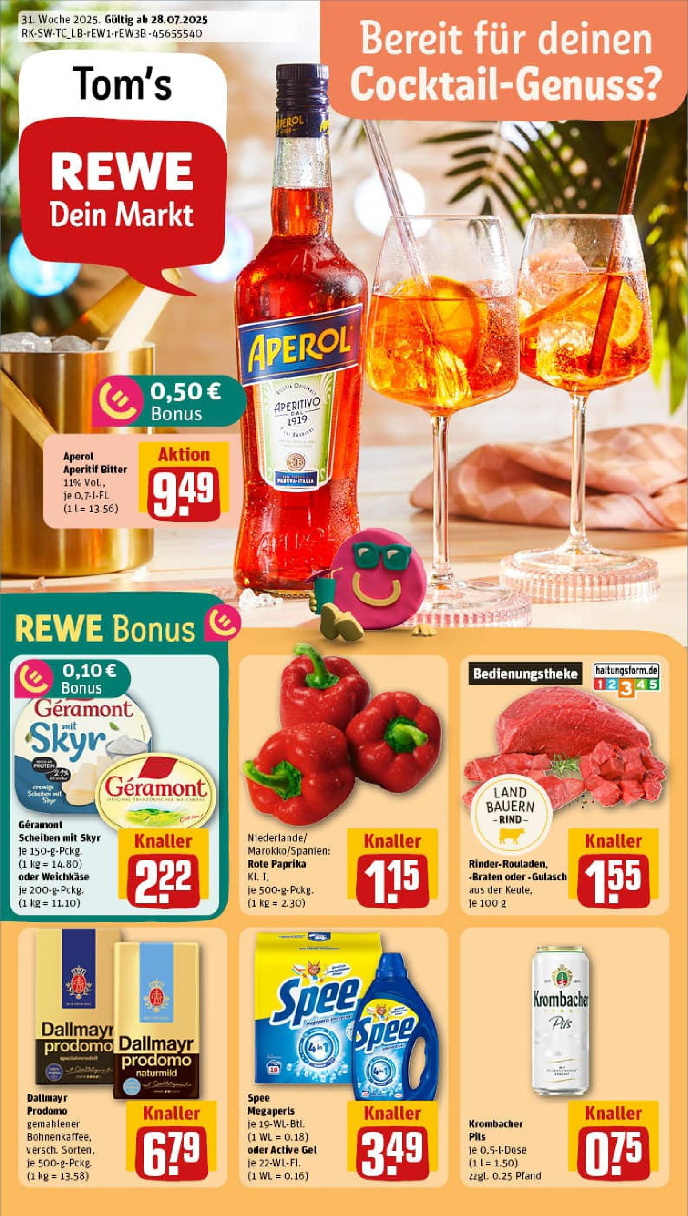 REWE Prospekt ab 27.07.2025 zum Blättern » Angebote | Seite: 1 | Produkte: Skyr, Paprika, Gulasch, Aperol