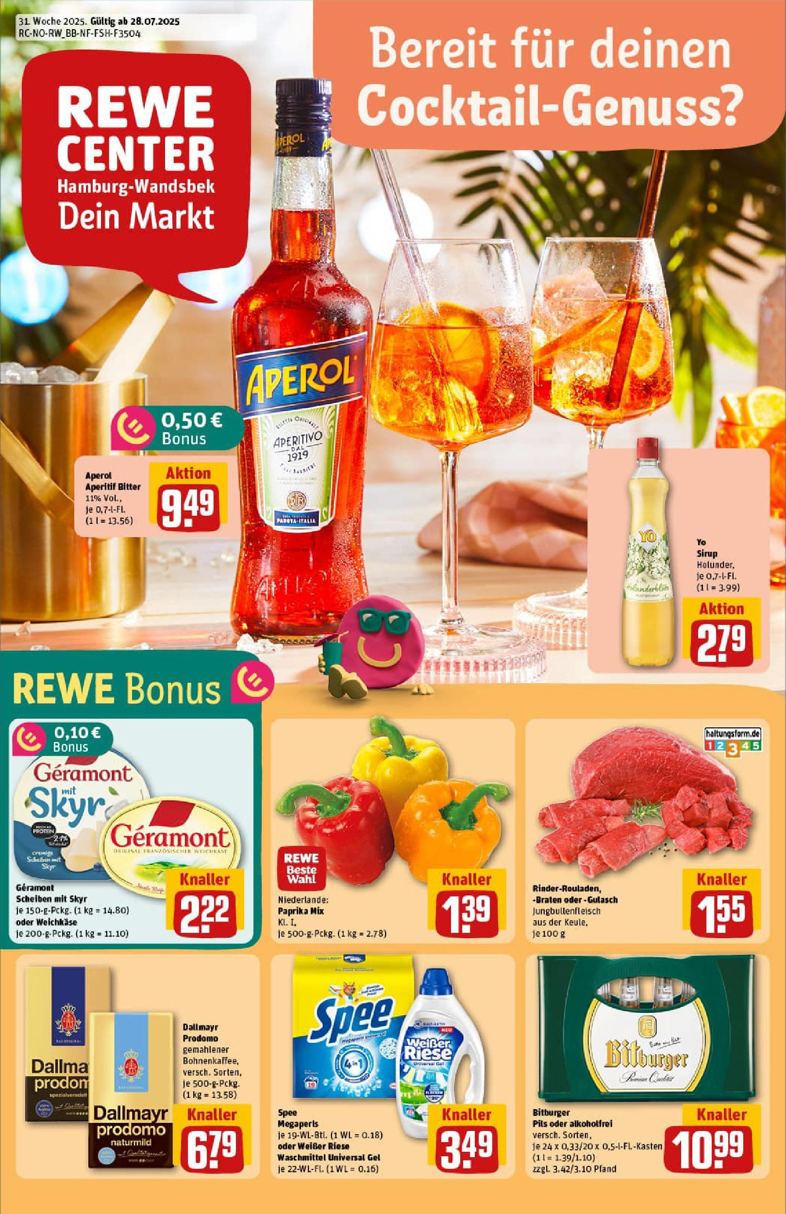 REWE Prospekt ab 27.07.2025 zum Blättern » Angebote | Seite: 1 | Produkte: Pils, Sirup, Waschmittel, Gulasch