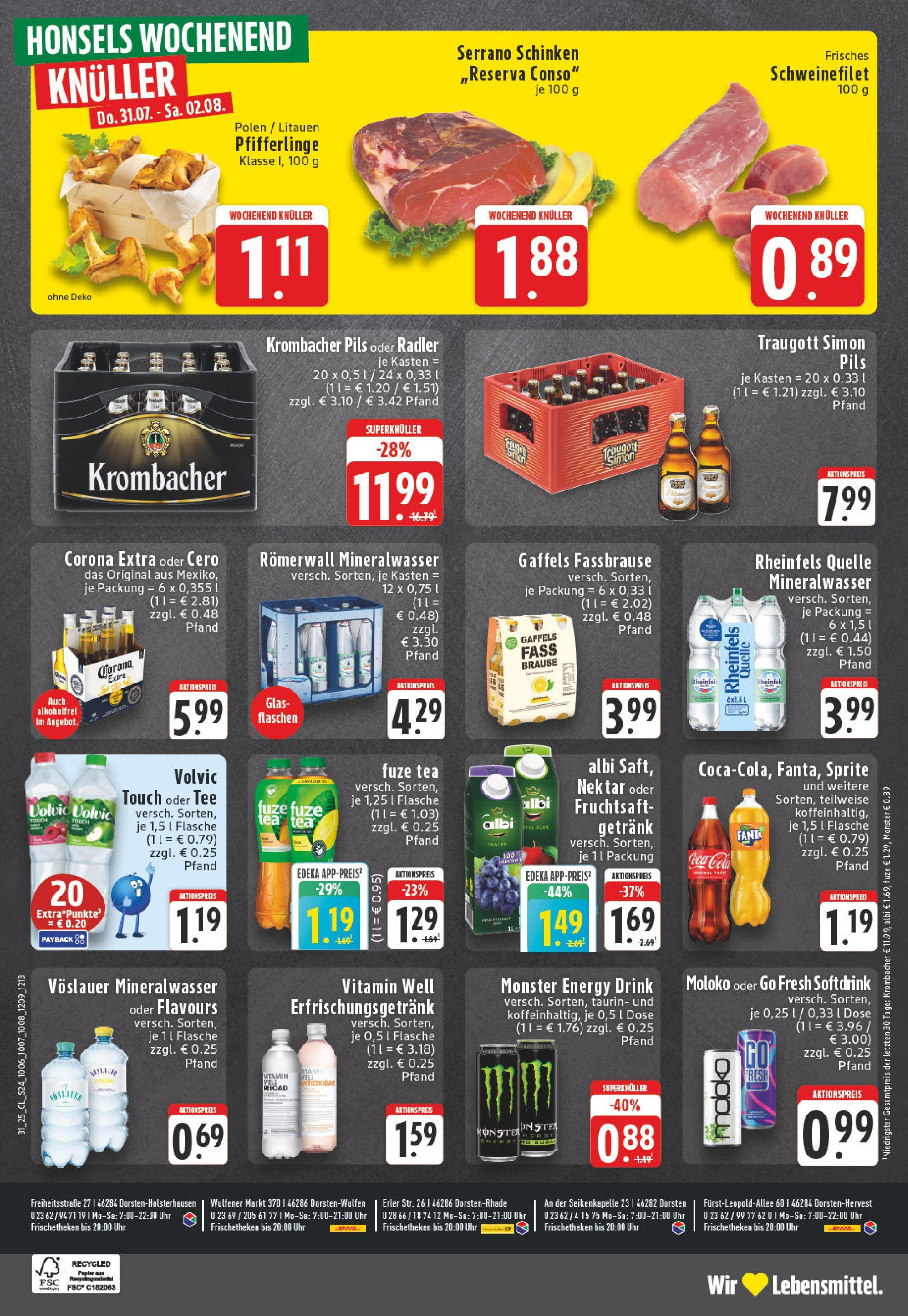 Edeka prospekt Dorsten (ab 27.07.2025) » Angebote Online | Seite: 24 | Produkte: Fuze tea, Mineralwasser, Serrano schinken, Uhr Edeka prospekt Dorsten (ab 27.07.2025) » Angebote Online | Seite: 24 | Produkte: Fuze tea, Mineralwasser, Serrano schinken, Uhr