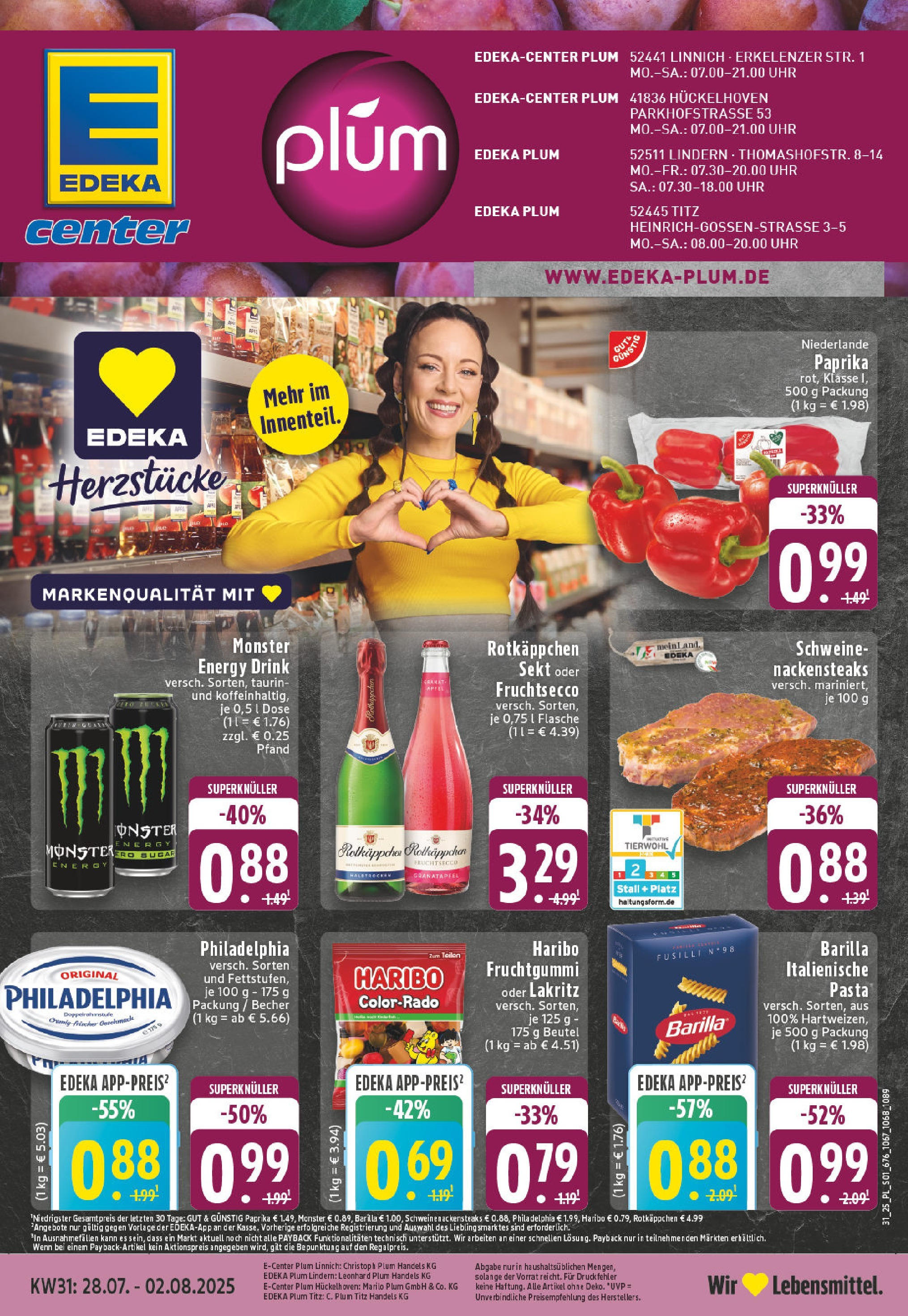 Edeka prospekt Linnich	 (ab 27.07.2025) » Angebote Online | Seite: 1 | Produkte: Nackensteaks, Barilla, Monster, Paprika