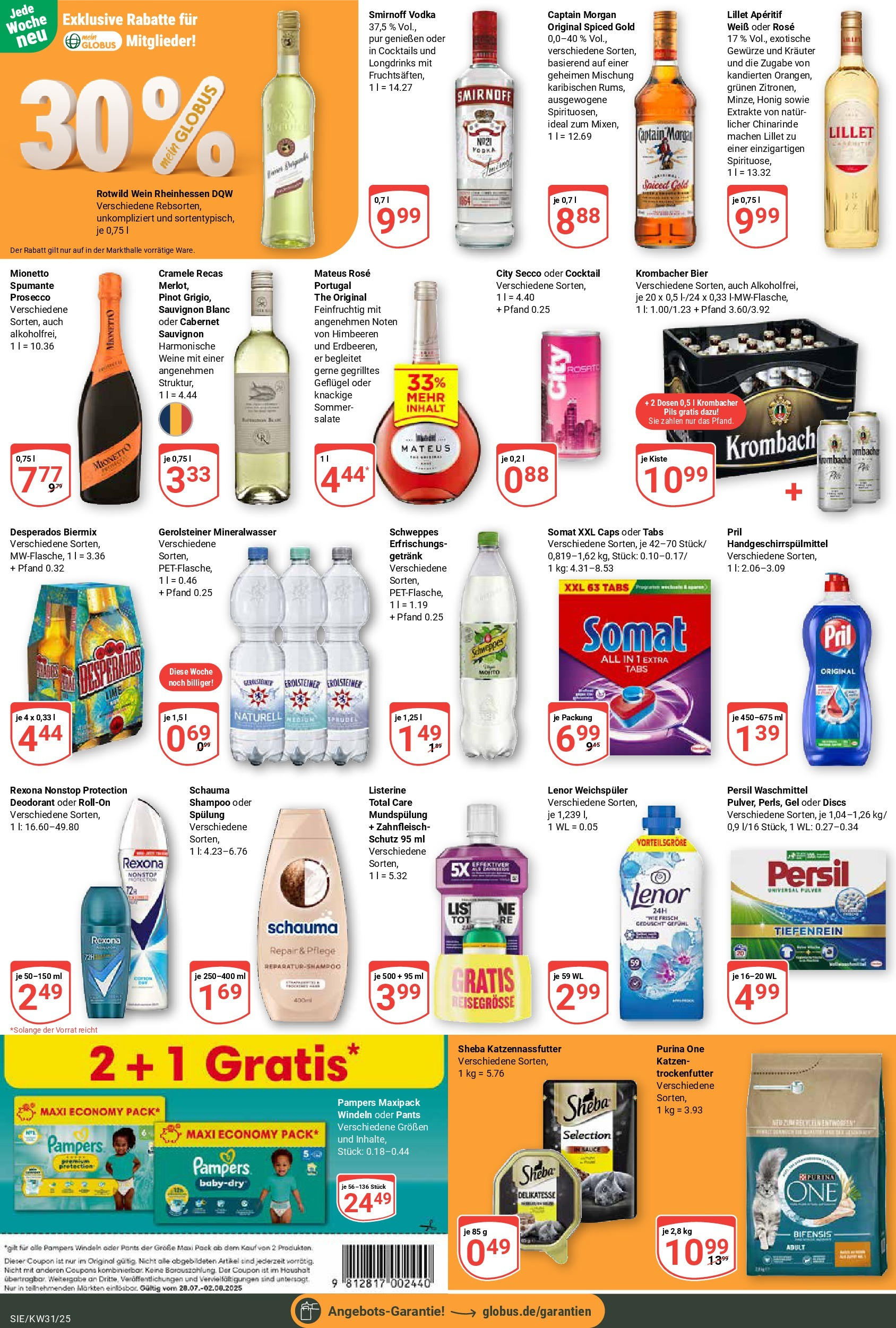 Globus prospekt Siegen (ab 28.07.2025) » Angebote ab Montag | Seite: 9 | Produkte: Sheba, Smirnoff, Captain morgan, Pril Globus prospekt Siegen (ab 28.07.2025) » Angebote online | Seite: 9 | Produkte: Sheba, Smirnoff, Captain morgan, Pril