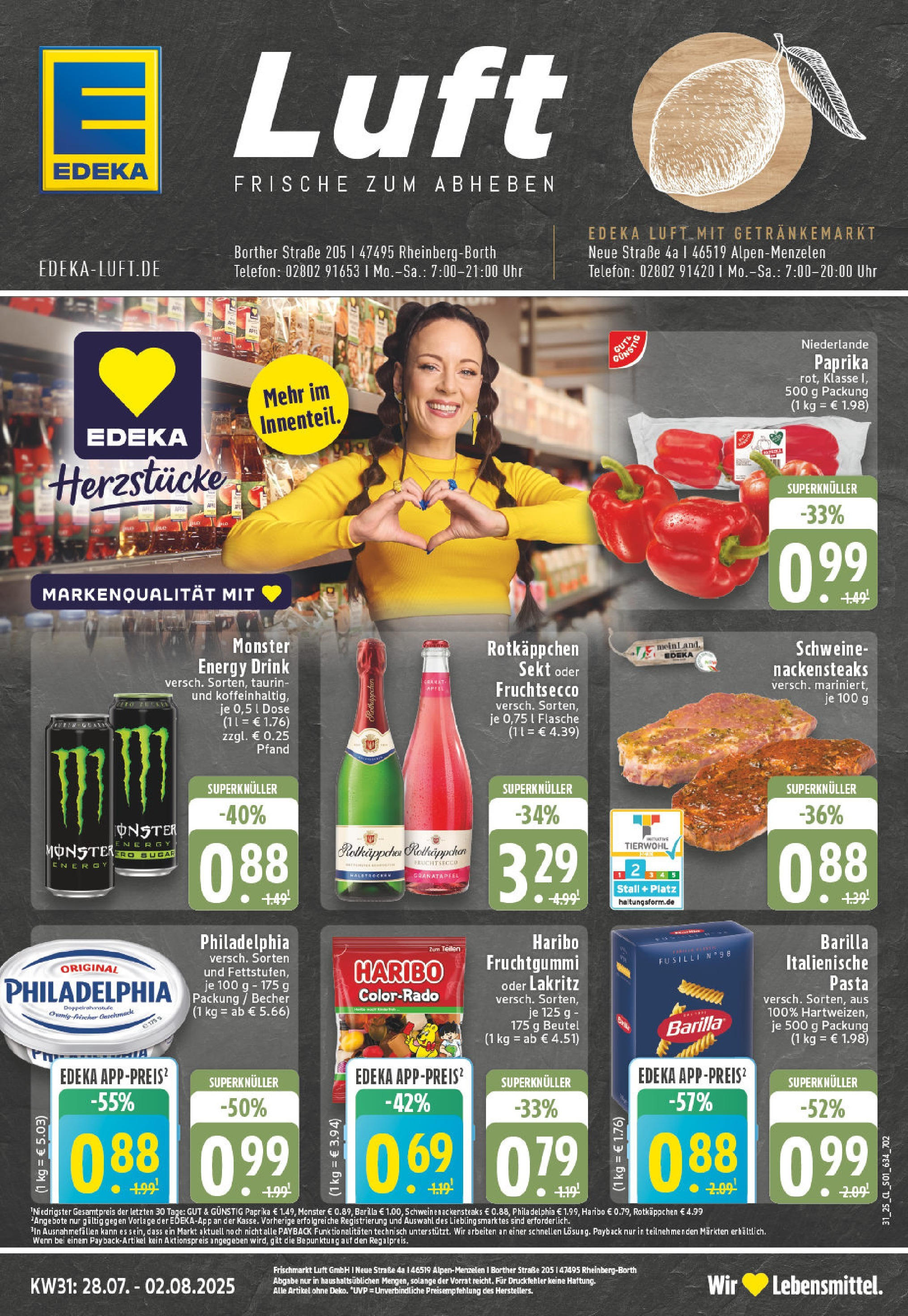Edeka prospekt Rheinberg - Borth (ab 27.07.2025) » Angebote Online | Seite: 1 | Produkte: Nackensteaks, Granatapfel, Energy, Paprika Edeka prospekt Rheinberg - Borth (ab 27.07.2025) » Angebote Online | Seite: 1 | Produkte: Nackensteaks, Granatapfel, Energy, Paprika