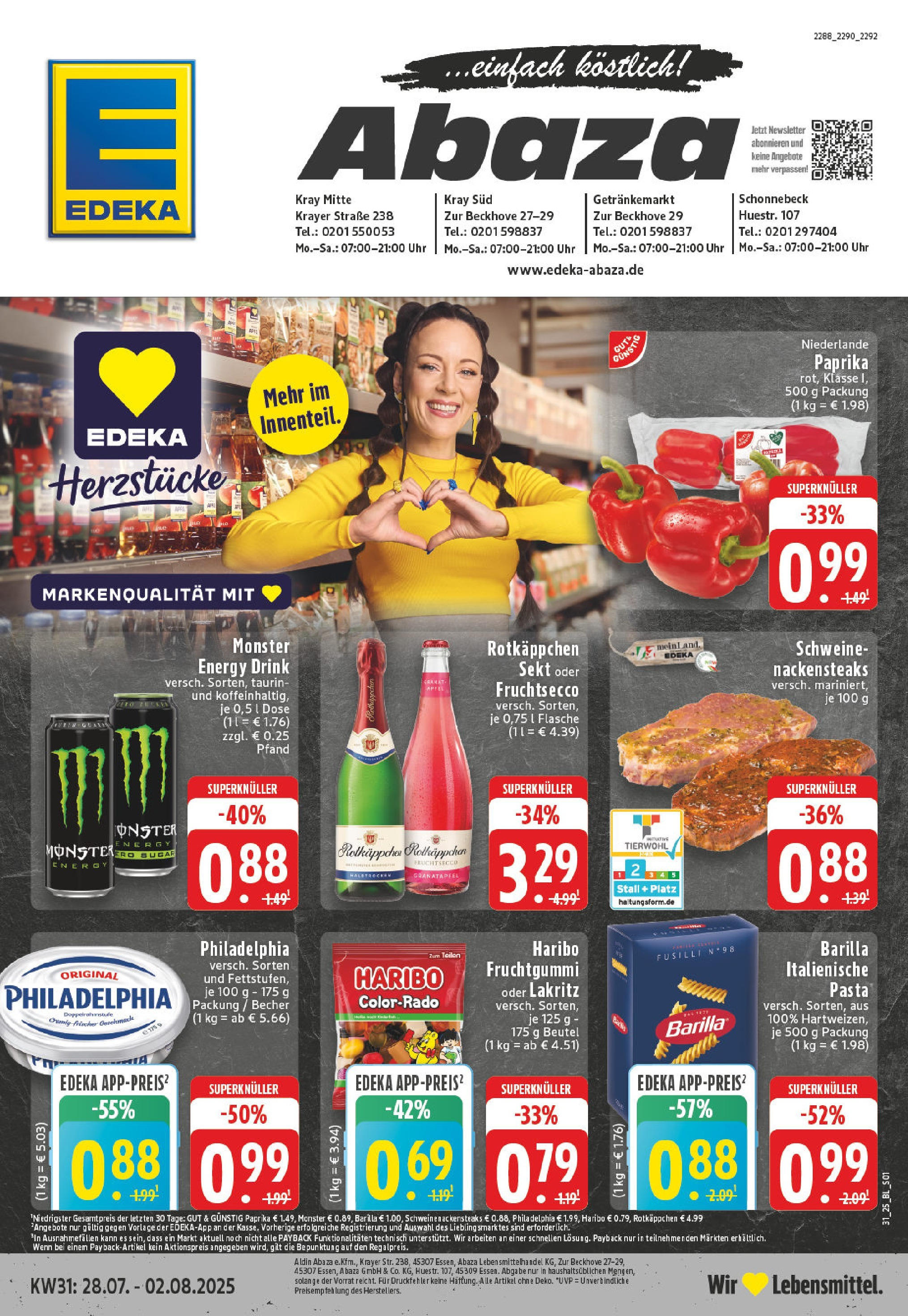 Edeka prospekt Essen (ab 27.07.2025) » Angebote Online | Seite: 1 | Produkte: Nackensteaks, Haribo, Energy, Äpfel Edeka prospekt Essen (ab 27.07.2025) » Angebote Online | Seite: 1 | Produkte: Nackensteaks, Haribo, Energy, Äpfel
