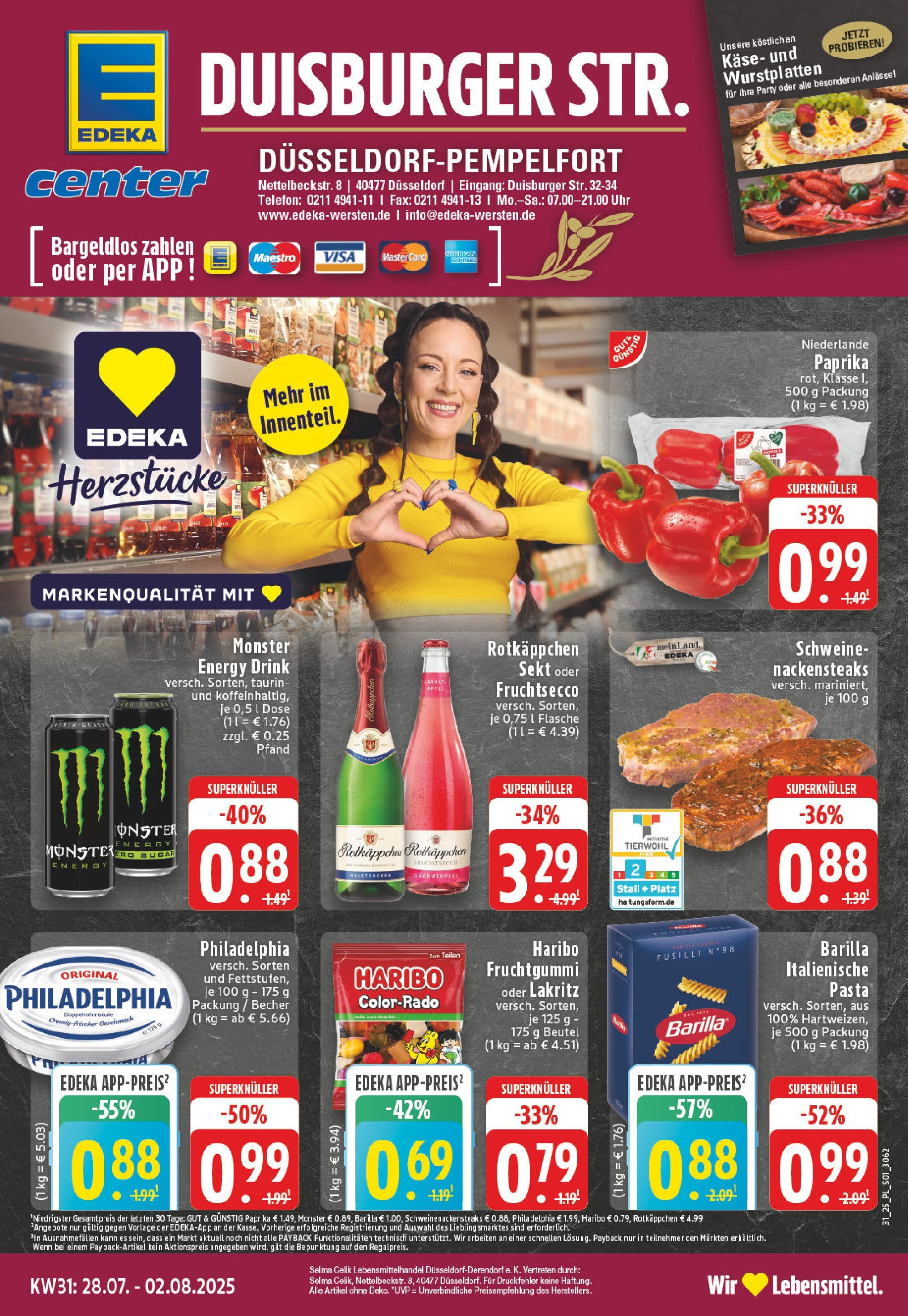 Edeka prospekt Düsseldorf-Derendorf (ab 27.07.2025) » Angebote Online | Seite: 1 | Produkte: Nackensteaks, Sekt, Monster, Pasta Edeka prospekt Düsseldorf-Derendorf (ab 27.07.2025) » Angebote Online | Seite: 1 | Produkte: Nackensteaks, Sekt, Monster, Pasta
