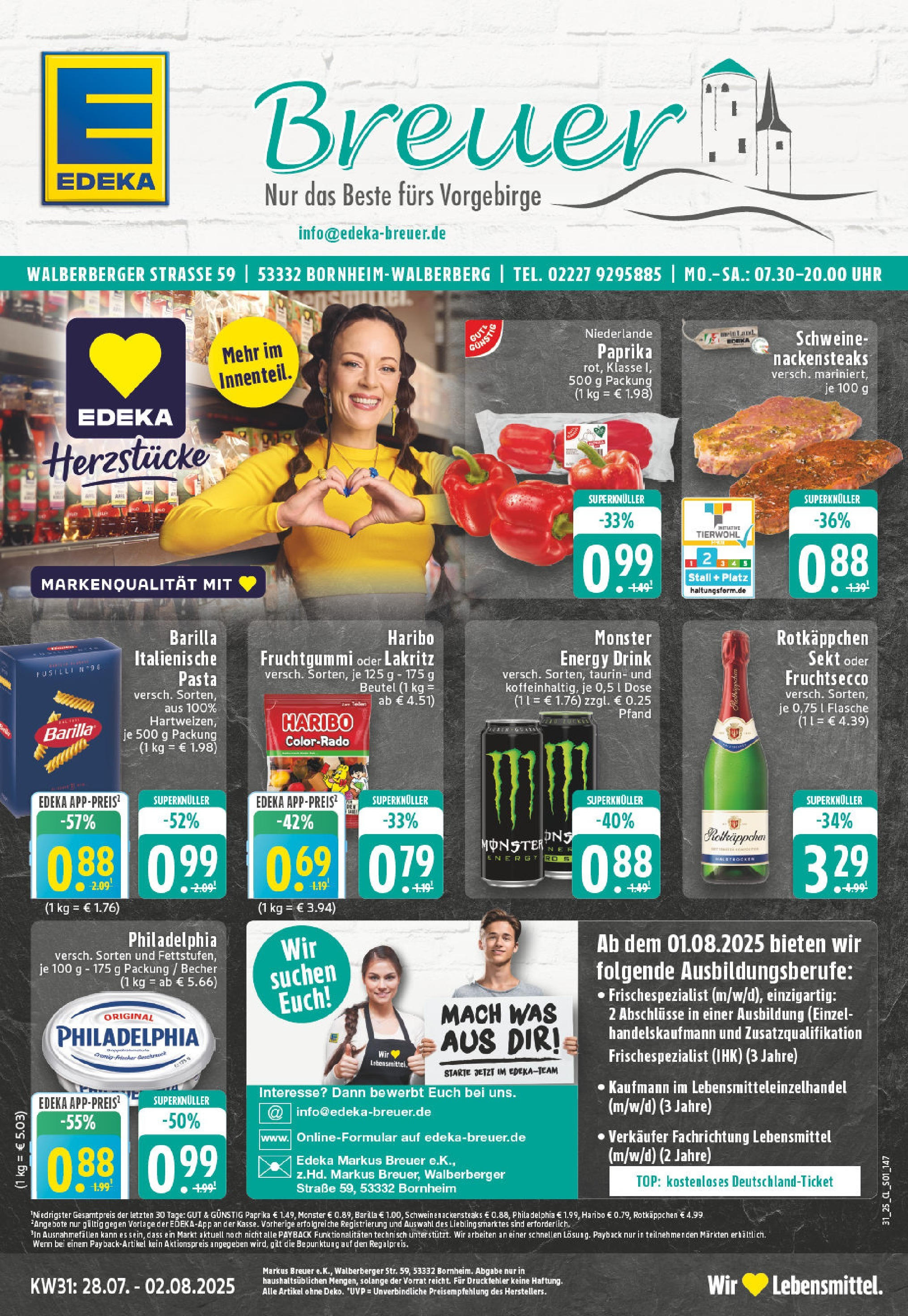 Edeka prospekt Bornheim-Walberberg (ab 27.07.2025) » Angebote Online | Seite: 1 | Produkte: Sekt, Monster, Paprika, Pasta Edeka prospekt Bornheim-Walberberg (ab 27.07.2025) » Angebote Online | Seite: 1 | Produkte: Sekt, Monster, Paprika, Pasta