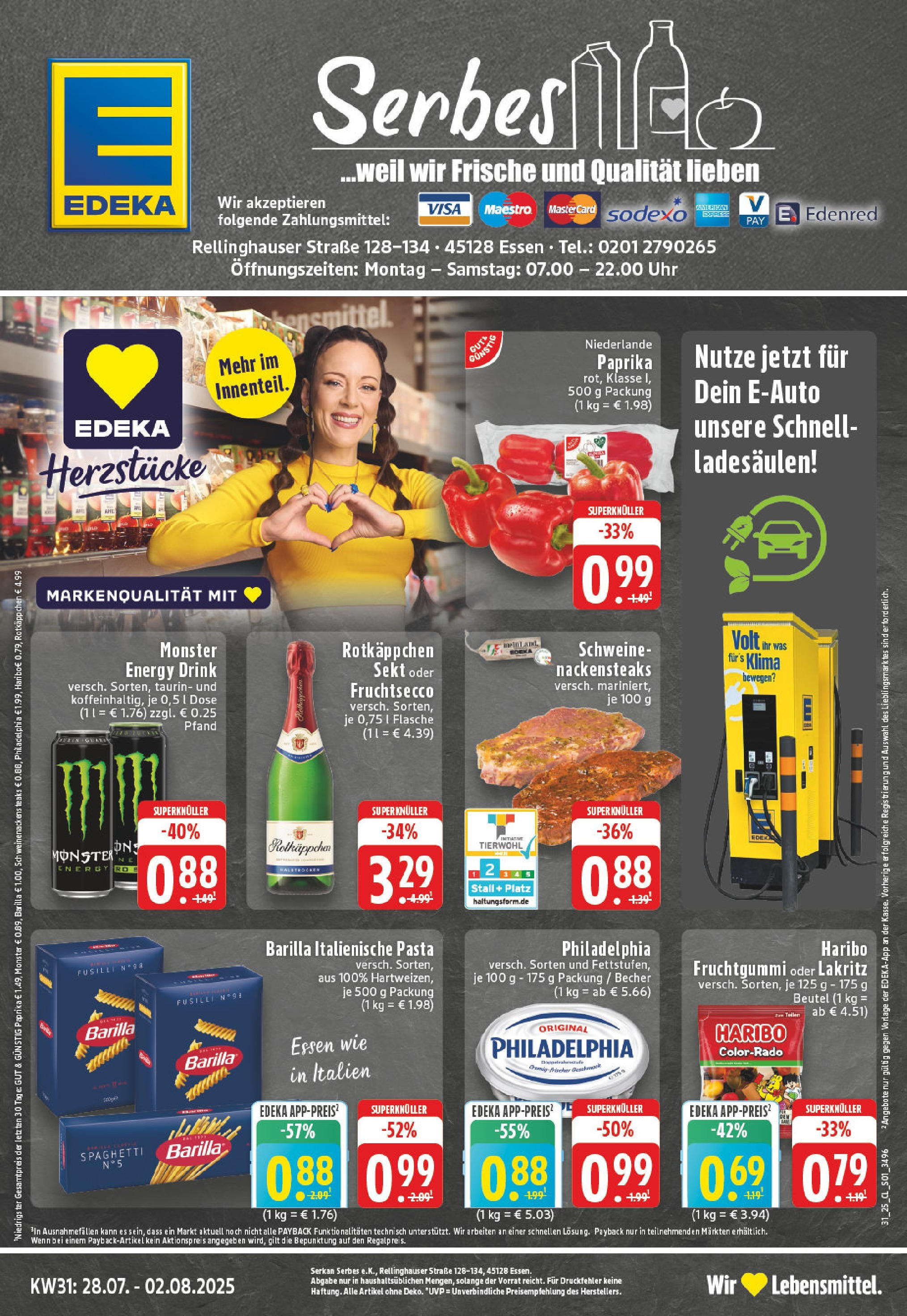 Edeka prospekt Essen (ab 28.07.2025) » Angebote Online | Seite: 1 | Produkte: Rotkappchen sekt, Nackensteaks, Monster, Pasta Edeka prospekt Essen (ab 28.07.2025) » Angebote Online | Seite: 1 | Produkte: Rotkappchen sekt, Nackensteaks, Monster, Pasta