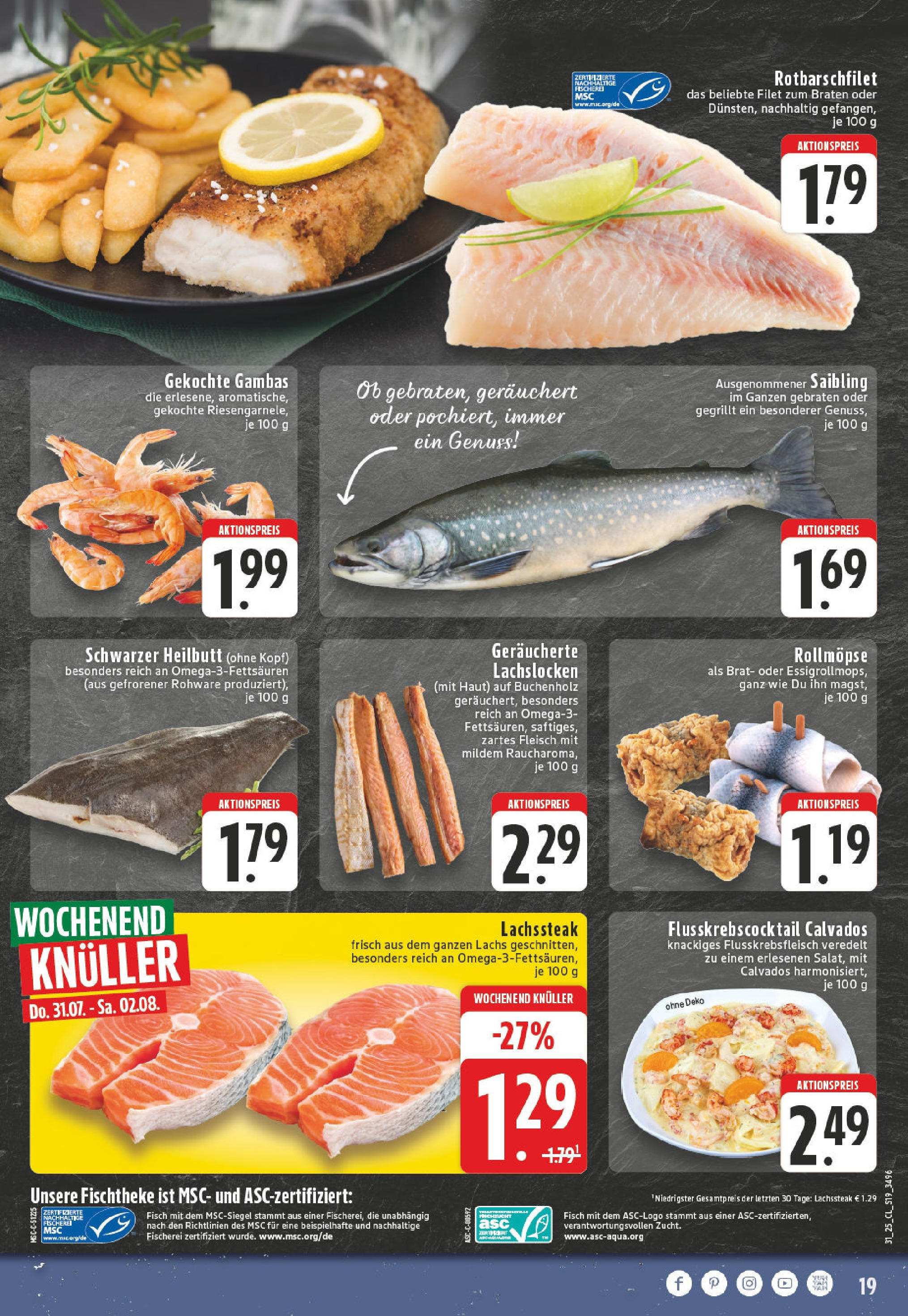 Edeka prospekt Essen (ab 28.07.2025) » Angebote Online | Seite: 19 | Produkte: Fisch, Lachs, Steak, Fleisch Edeka prospekt Essen (ab 28.07.2025) » Angebote Online | Seite: 19 | Produkte: Fisch, Lachs, Steak, Fleisch