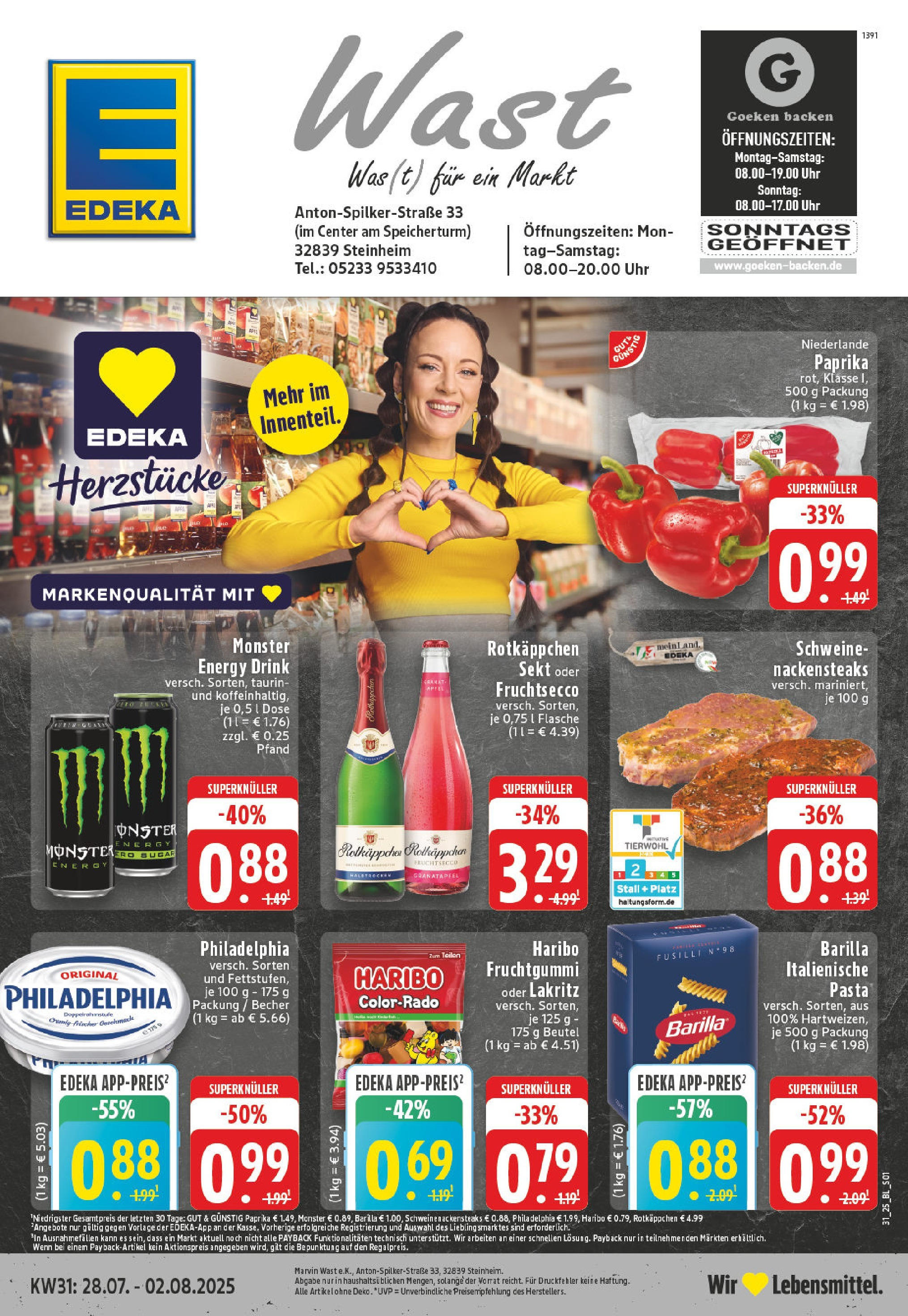 Edeka prospekt Steinheim (ab 27.07.2025) » Angebote Online | Seite: 1 | Produkte: Nackensteaks, Barilla, Paprika, Rotkäppchen Edeka prospekt Steinheim (ab 27.07.2025) » Angebote Online | Seite: 1 | Produkte: Nackensteaks, Barilla, Paprika, Rotkäppchen