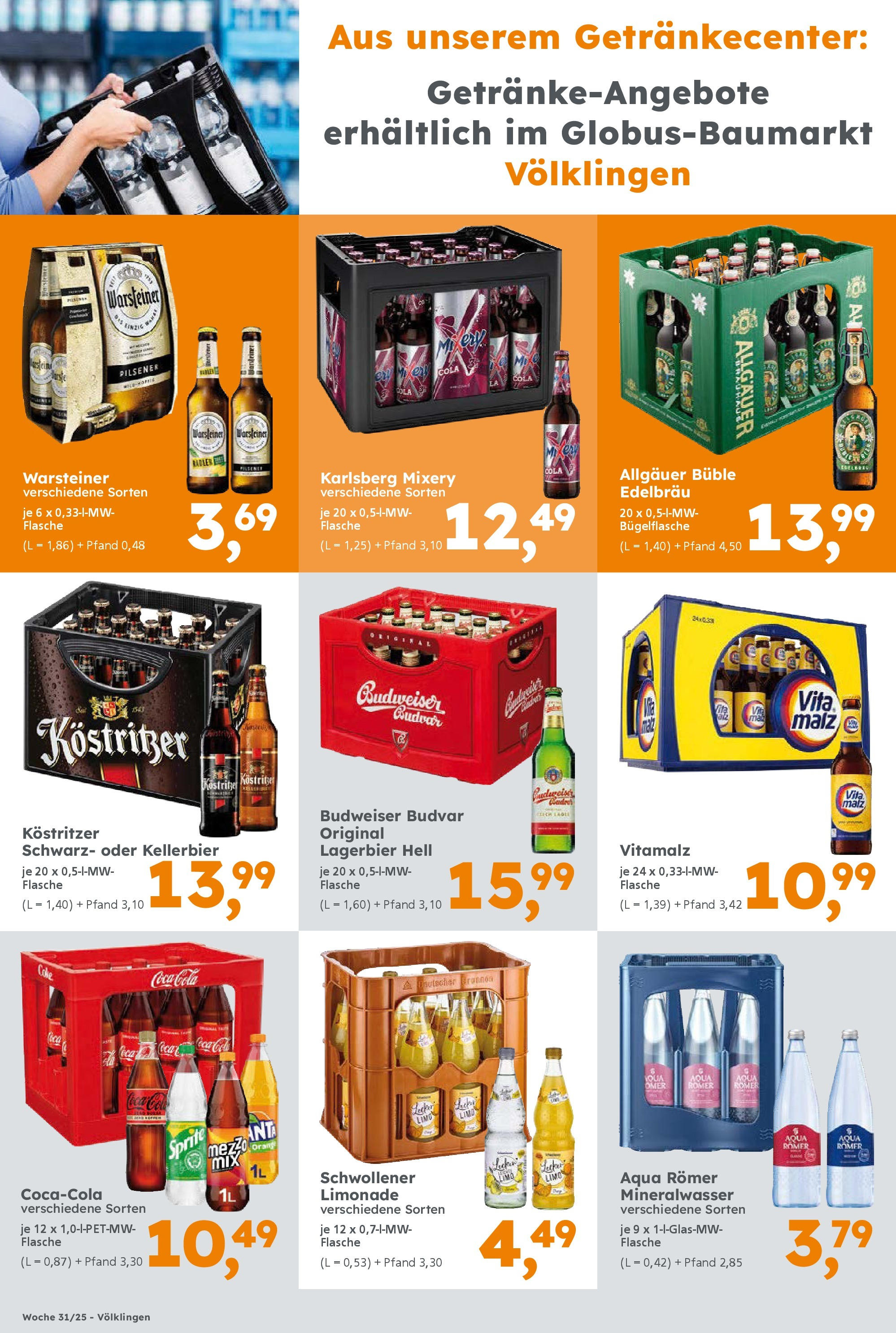 Globus Baumarkt prospekt Völklingen	 (ab 28.07.2025) zum Blättern | Seite: 10 | Produkte: Limonade, Mineralwasser, Warsteiner, Budweiser