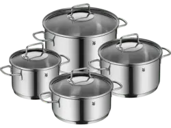 WMF Topf-Set Astoria 4-tlg. (Induktionsfähig, Spülmaschinenfest, Backofenfest, Glaskeramik-, Gas-, Elektro- und Induktionsherde, Silber, Cromargan® Edelstahl Rostfrei 18/10, Glas)