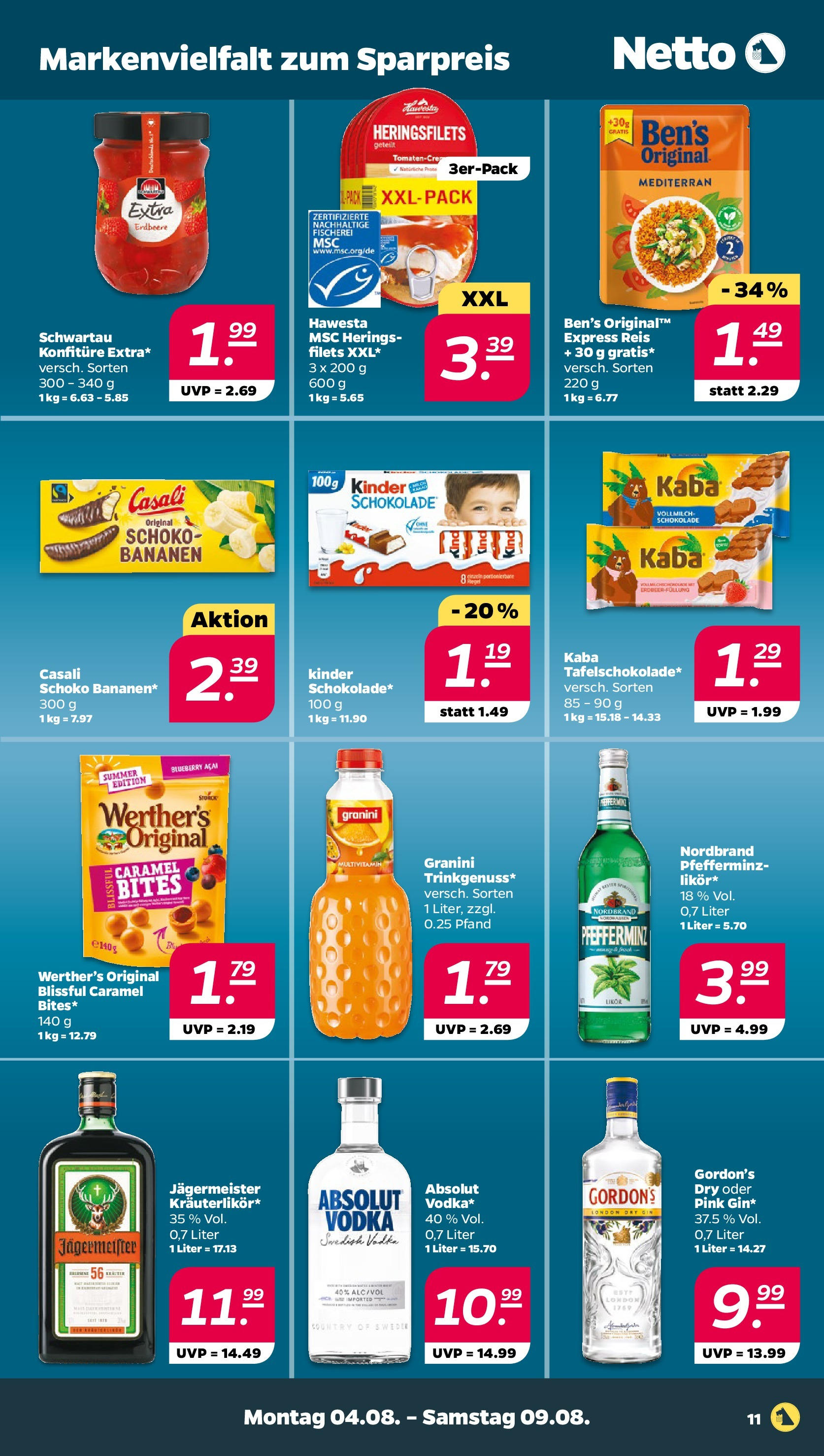 Netto Prospekt Berlin ab 03.08.2025 → Angebote nächste Woche | Seite: 11 | Produkte: Schokolade, Likör, Jägermeister, Vodka Netto Prospekt Berlin ab 03.08.2025 → Angebote nächste Woche | Seite: 11 | Produkte: Schokolade, Likör, Jägermeister, Vodka