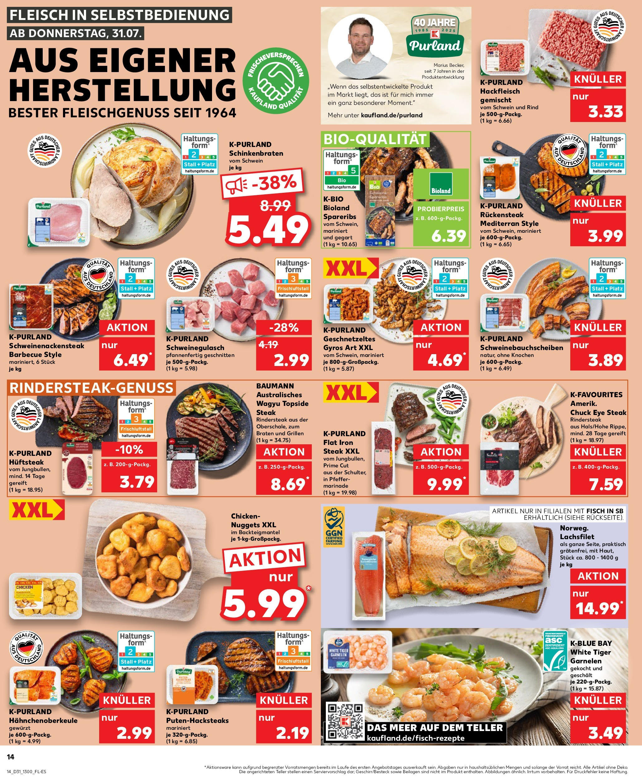 Prospekt Kaufland ab 31.07.2025 » Angebote Online zum Blättern | Seite: 14 | Produkte: Garnelen, Fisch, Tiger garnelen, Hackfleisch