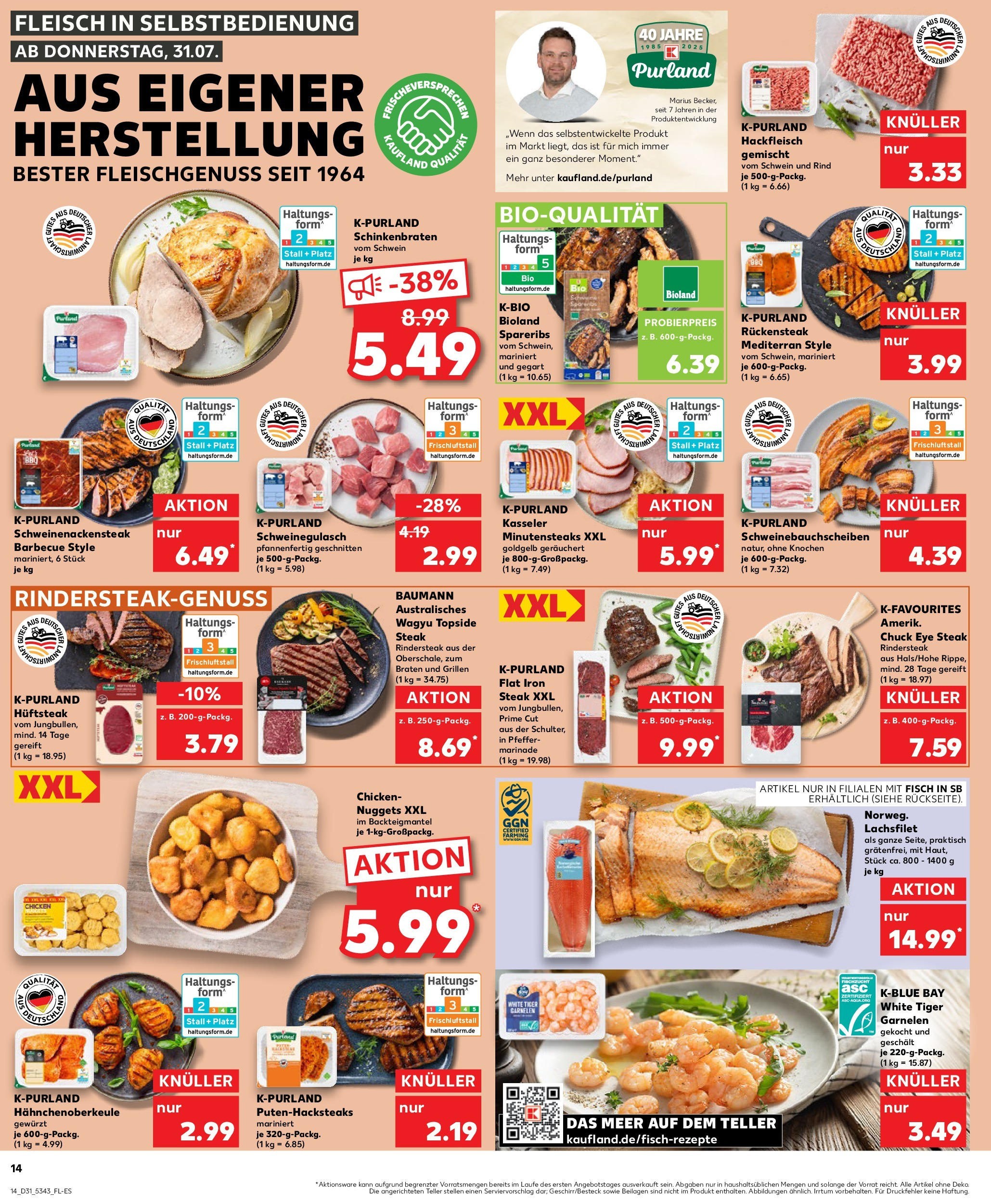 Prospekt Kaufland ab 31.07.2025 » Angebote und Werbung Online | Seite: 14 | Produkte: Schweinegulasch, Tiger garnelen, Steak, Fleisch Prospekt Kaufland ab 31.07.2025 » Angebote Online zum Blättern | Seite: 14 | Produkte: Schweinegulasch, Tiger garnelen, Steak, Fleisch