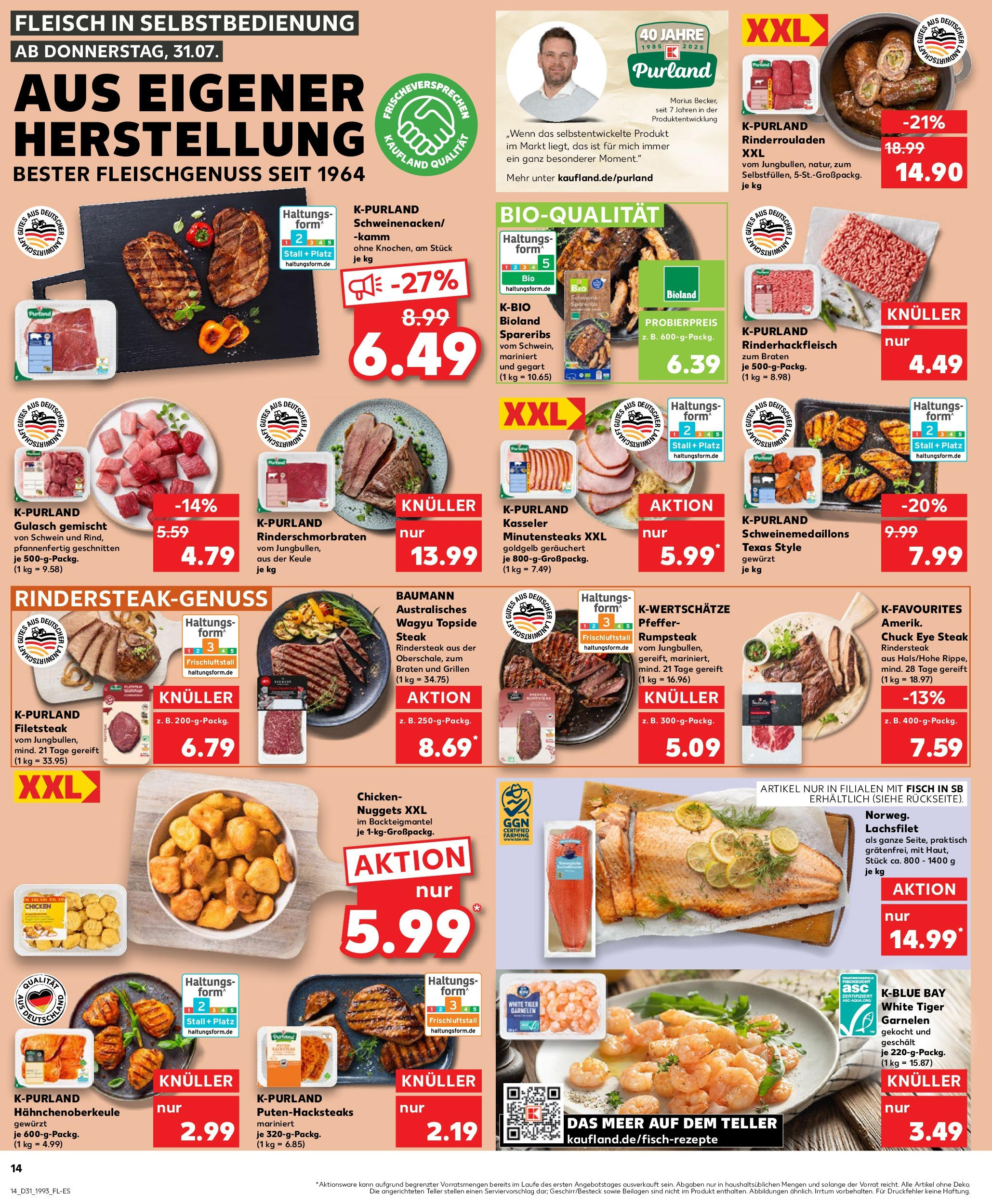 Prospekt Kaufland ab 31.07.2025 » Angebote und Werbung Online | Seite: 14 | Produkte: Rumpsteak, Fisch, Gulasch, Tiger garnelen Prospekt Kaufland ab 31.07.2025 » Angebote Online zum Blättern | Seite: 14 | Produkte: Rumpsteak, Fisch, Gulasch, Tiger garnelen