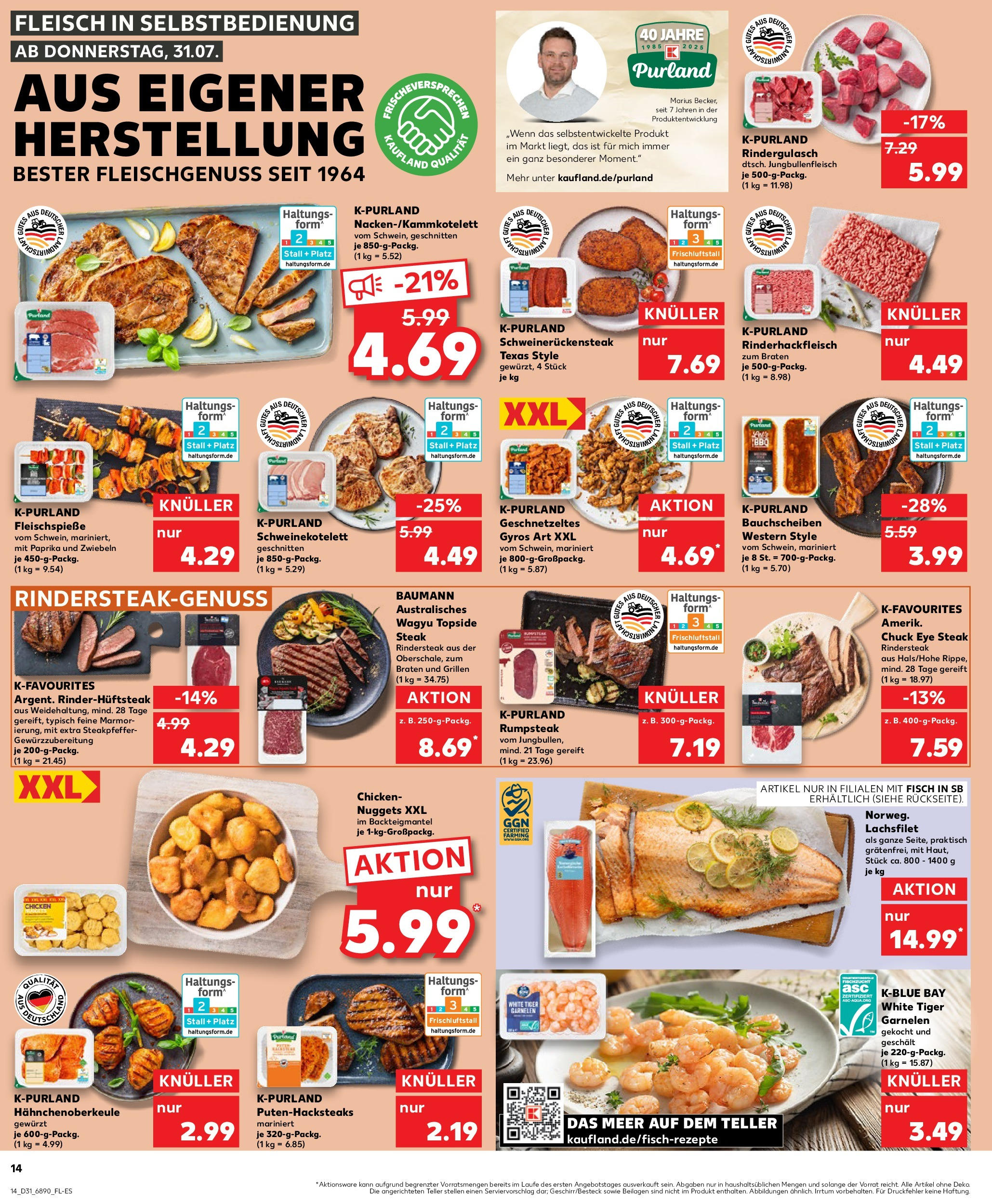 Prospekt Kaufland ab 31.07.2025 » Angebote und Werbung Online | Seite: 14 | Produkte: Rumpsteak, Rindergulasch, Tiger garnelen, Fleisch Prospekt Kaufland ab 31.07.2025 » Angebote Online zum Blättern | Seite: 14 | Produkte: Rumpsteak, Rindergulasch, Tiger garnelen, Fleisch