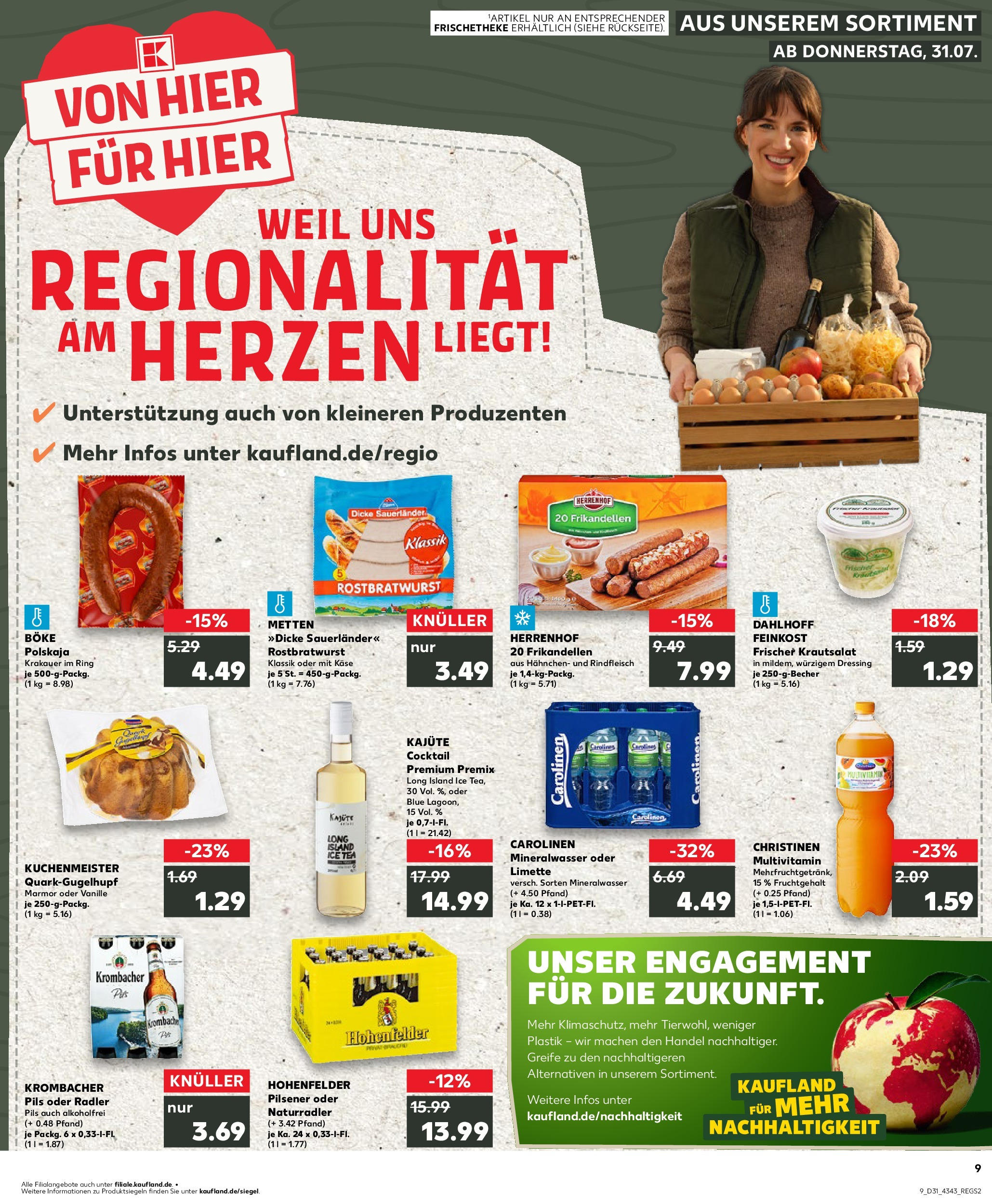 Prospekt Kaufland ab 31.07.2025 » Angebote Online zum Blättern | Seite: 9 | Produkte: Hahnchen, Mineralwasser, Krombacher, Rindfleisch