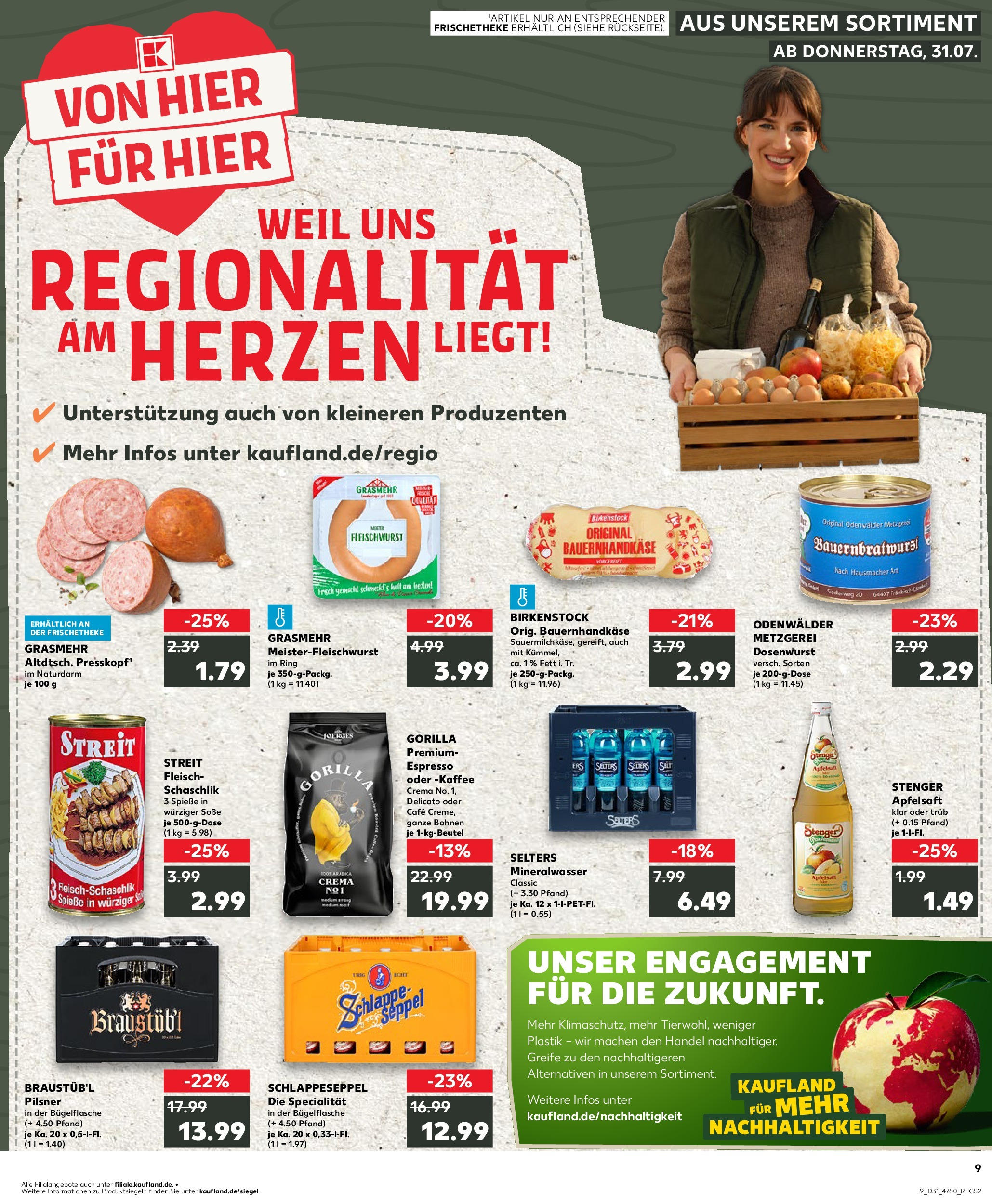Prospekt Kaufland ab 31.07.2025 » Angebote Online zum Blättern | Seite: 9 | Produkte: Kaffee, Spieße, Apfelsaft, Apple
