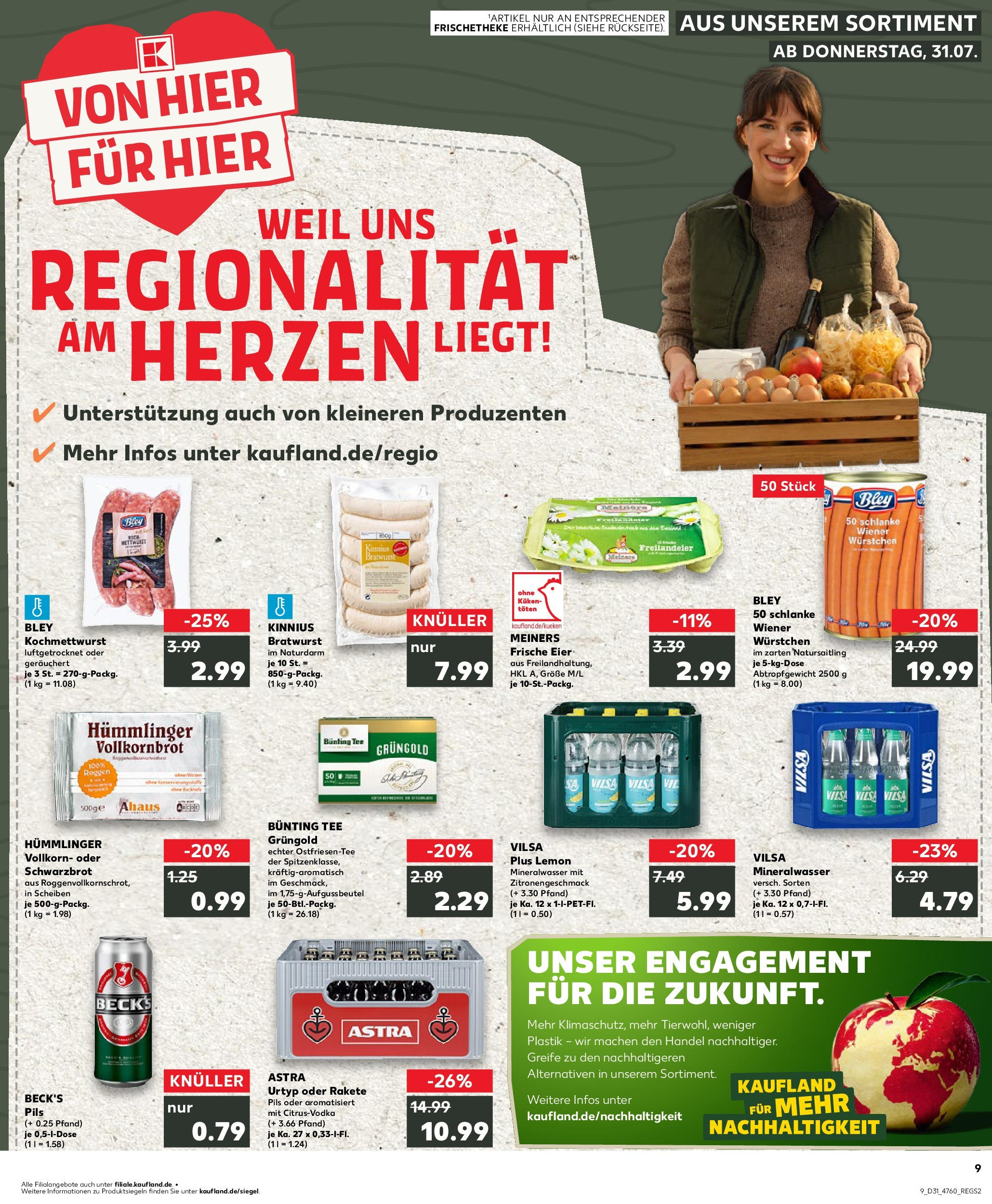 Prospekt Kaufland ab 31.07.2025 » Angebote Online zum Blättern | Seite: 9 | Produkte: Vollkornbrot, Pils, Astra, Mineralwasser