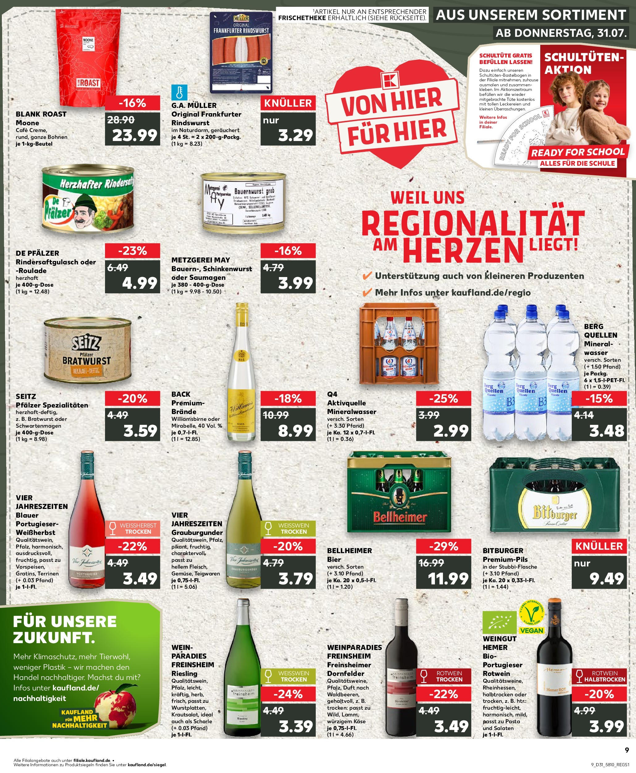 Prospekt Kaufland ab 31.07.2025 » Angebote Online zum Blättern | Seite: 9 | Produkte: Bier, Bratwurst, Wasser, Pasta