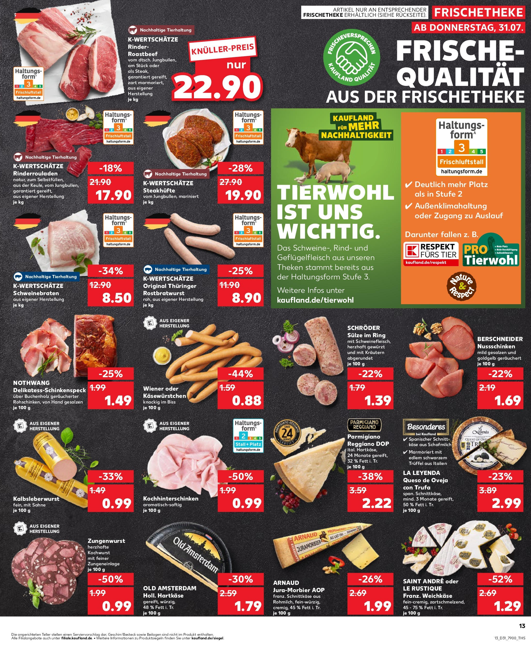 Prospekt Kaufland ab 31.07.2025 » Angebote Online zum Blättern | Seite: 13 | Produkte: Rinderrouladen, Käse, Roastbeef, Sahne