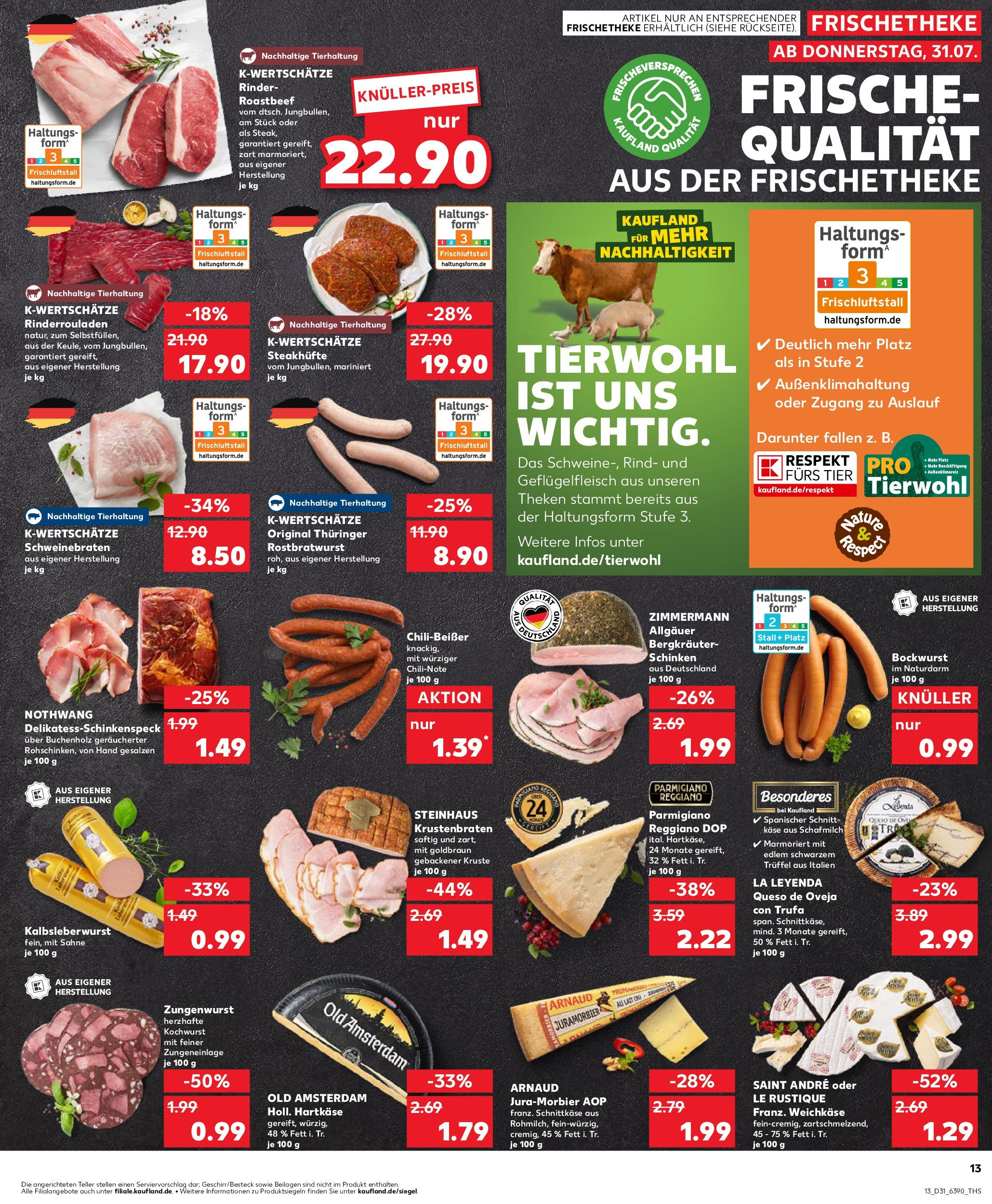 Prospekt Kaufland ab 31.07.2025 » Angebote und Werbung Online | Seite: 13 | Produkte: Rinderrouladen, Käse, Roastbeef, Steak Prospekt Kaufland ab 31.07.2025 » Angebote Online zum Blättern | Seite: 13 | Produkte: Rinderrouladen, Käse, Roastbeef, Steak