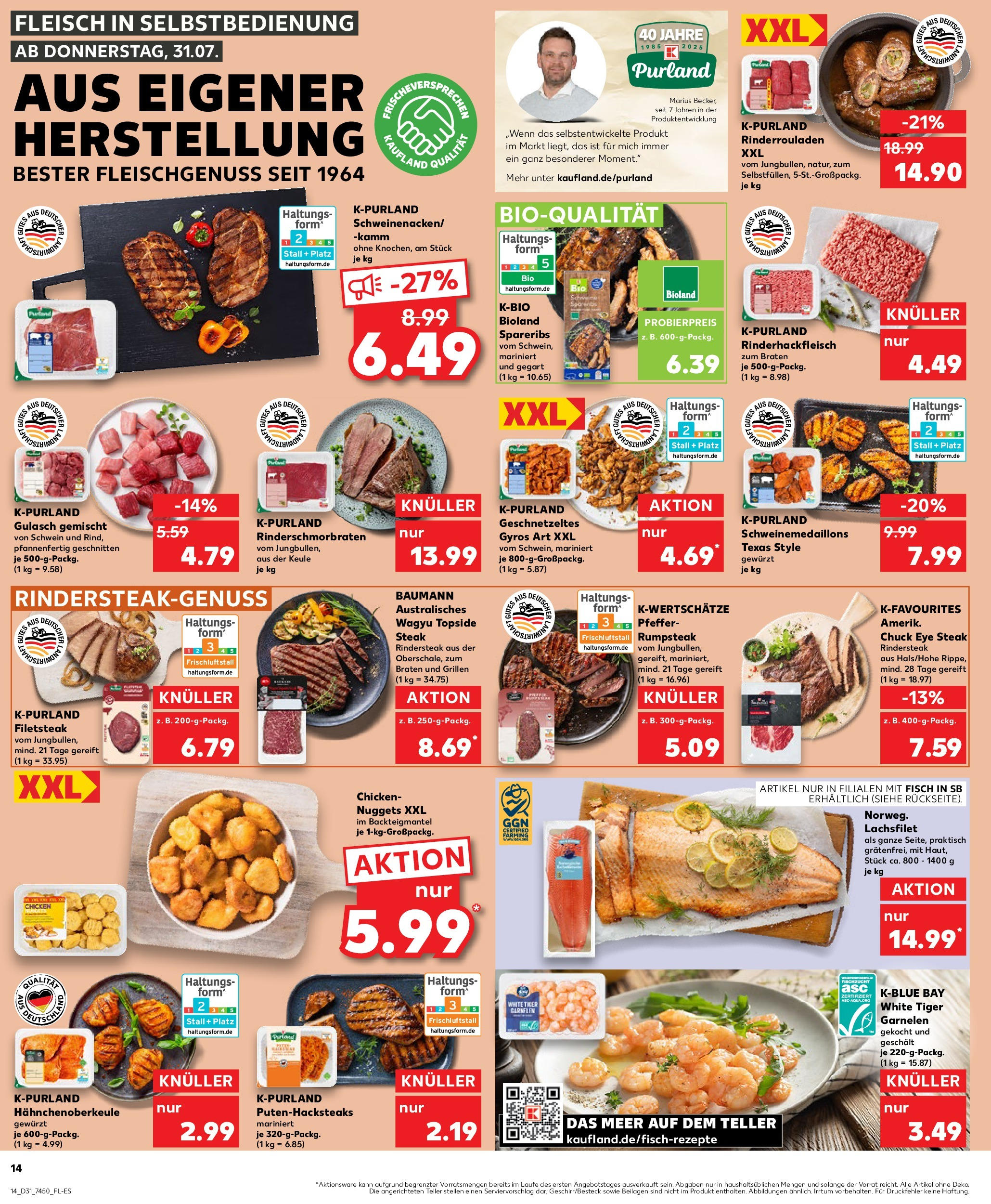 Prospekt Kaufland ab 31.07.2025 » Angebote Online zum Blättern | Seite: 14 | Produkte: Rinderrouladen, Garnelen, Gyros, Steak