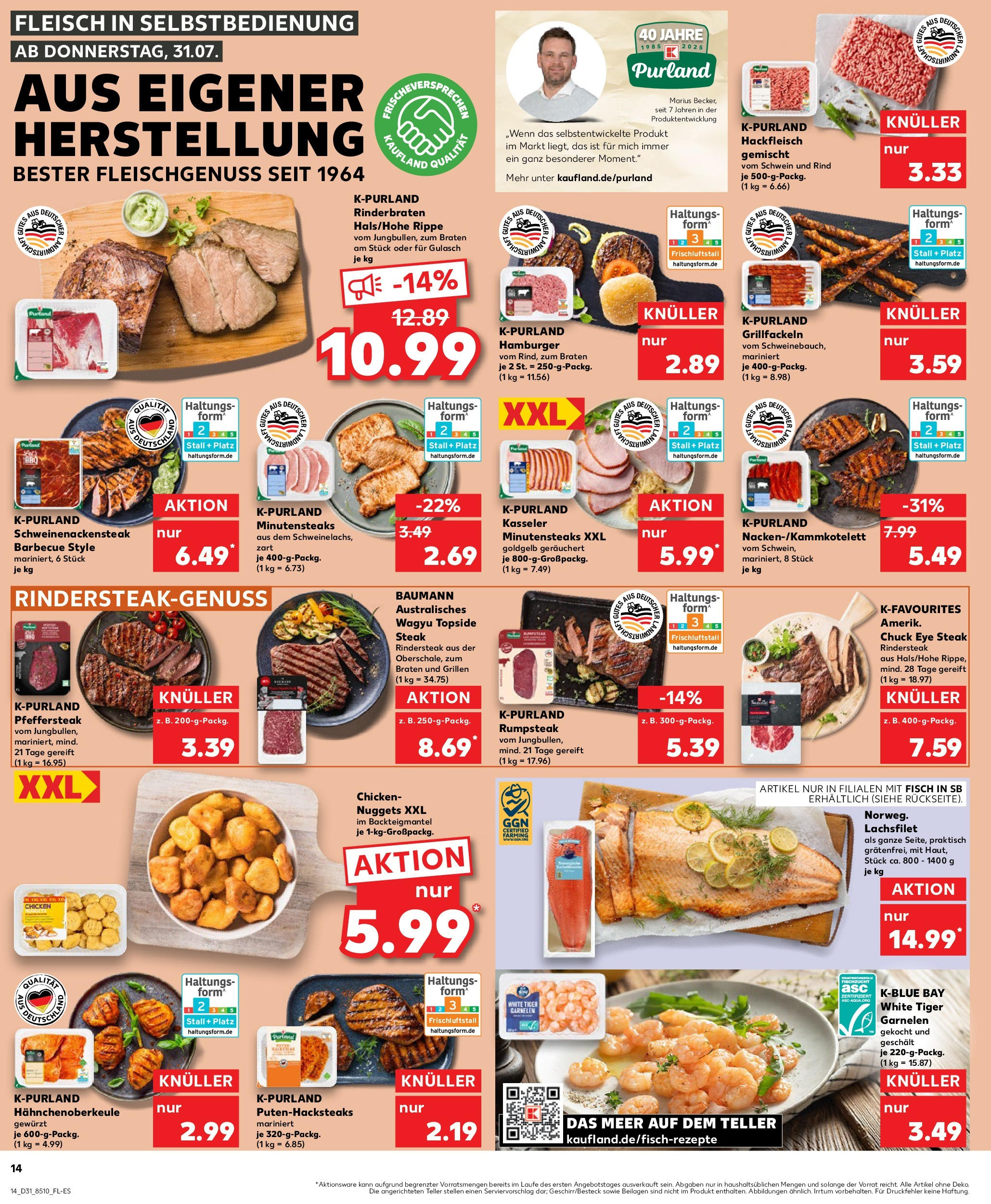 Prospekt Kaufland ab 31.07.2025 » Angebote Online zum Blättern | Seite: 14 | Produkte: Garnelen, Fisch, Steak, Hackfleisch
