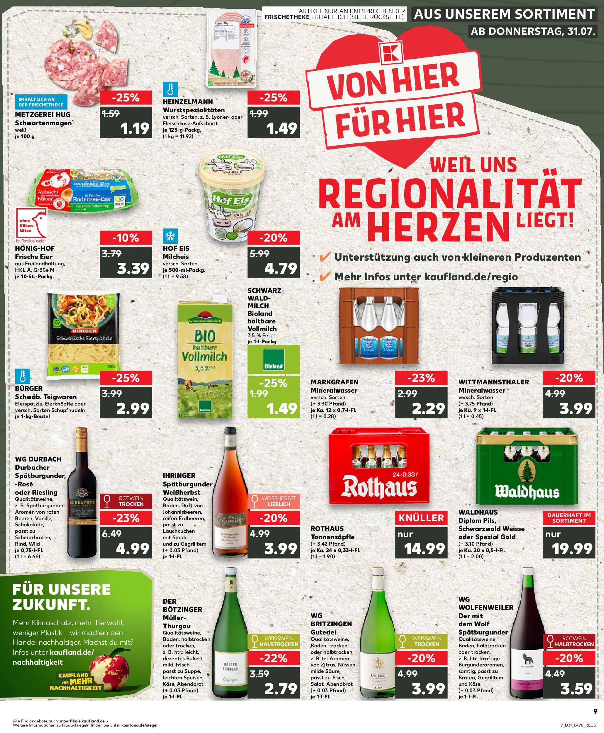 Prospekt Kaufland ab 31.07.2025 » Angebote Online zum Blättern | Seite: 9 | Produkte: Eier, Rotwein halbtrocken, Burger, Mineralwasser