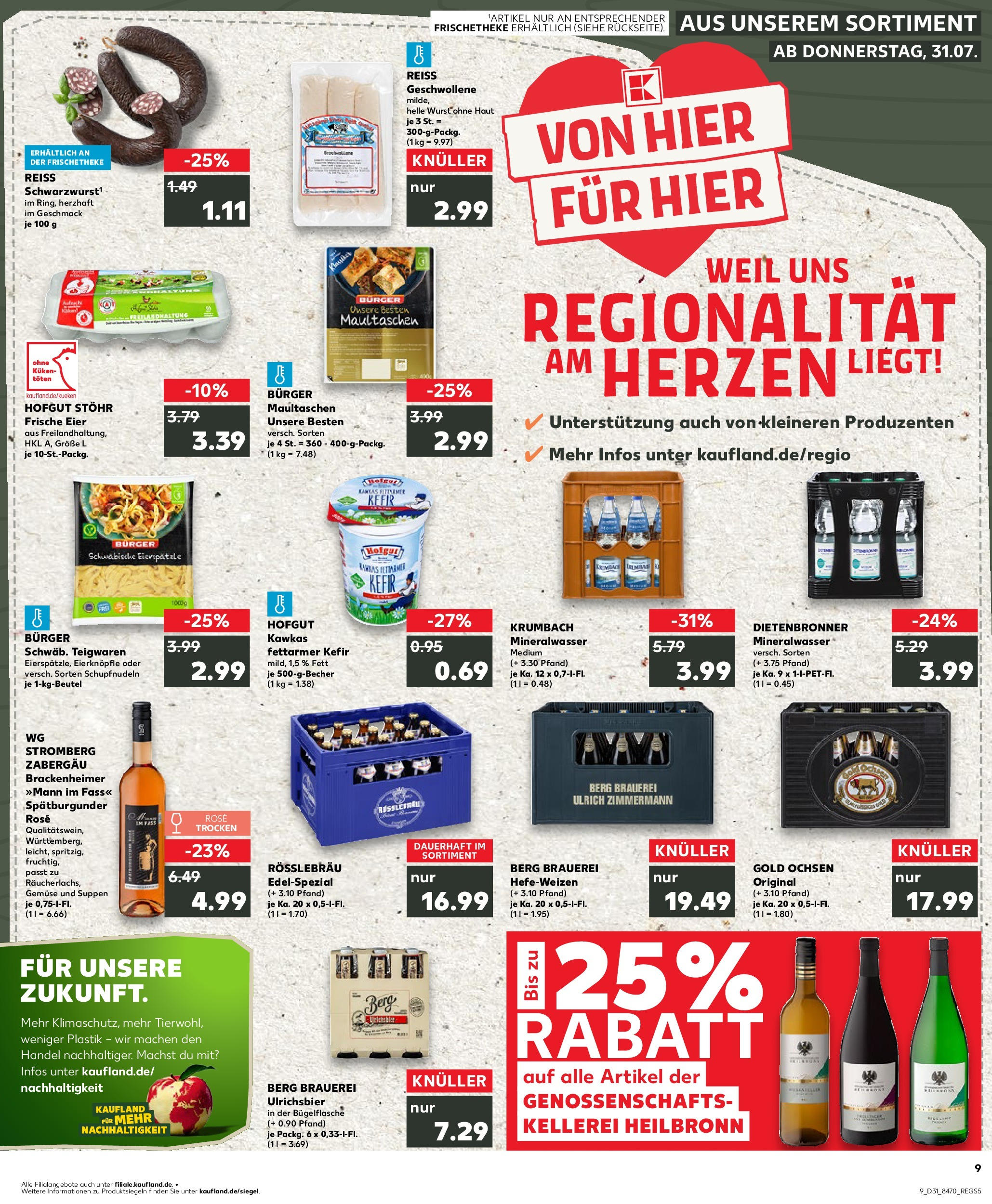 Prospekt Kaufland ab 31.07.2025 » Angebote Online zum Blättern | Seite: 9 | Produkte: Burger, Mineralwasser, Gemüse, Maultaschen