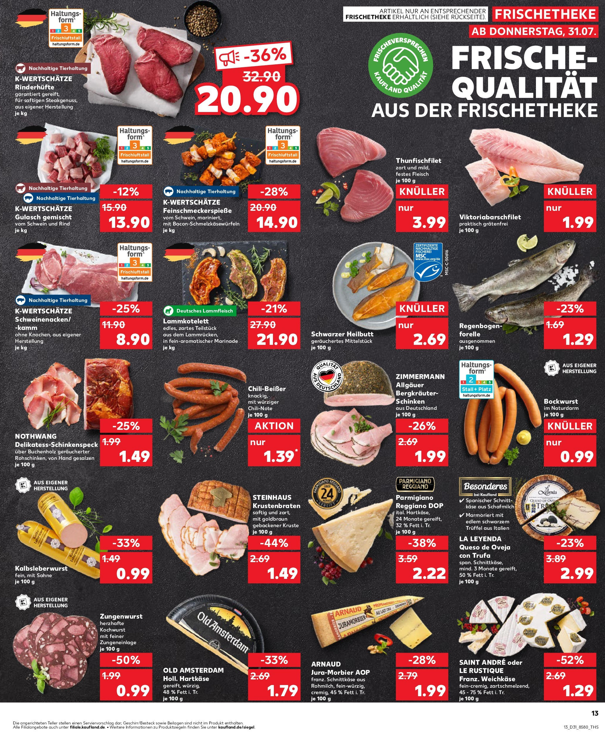 Prospekt Kaufland ab 31.07.2025 » Angebote und Werbung Online | Seite: 13 | Produkte: Bockwurst, Krustenbraten, Gulasch, Fleisch Prospekt Kaufland ab 31.07.2025 » Angebote Online zum Blättern | Seite: 13 | Produkte: Bockwurst, Krustenbraten, Gulasch, Fleisch