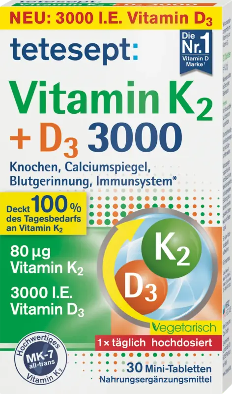 tetesept Vitamin K2 + D3 3000 Mini-Tabletten 30 St