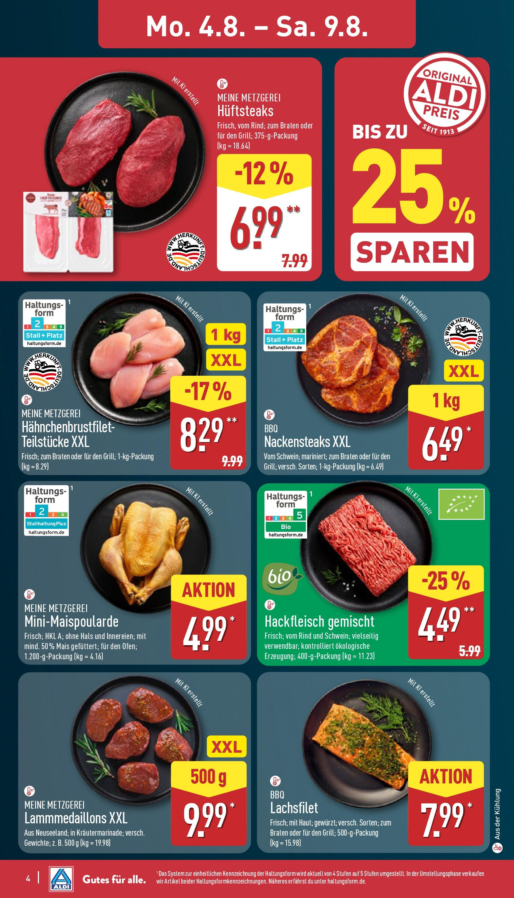Aldi Prospekt 	 (ab 04.08.2025) » Angebote Online | Seite: 4 | Produkte: Nackensteaks, Hackfleisch