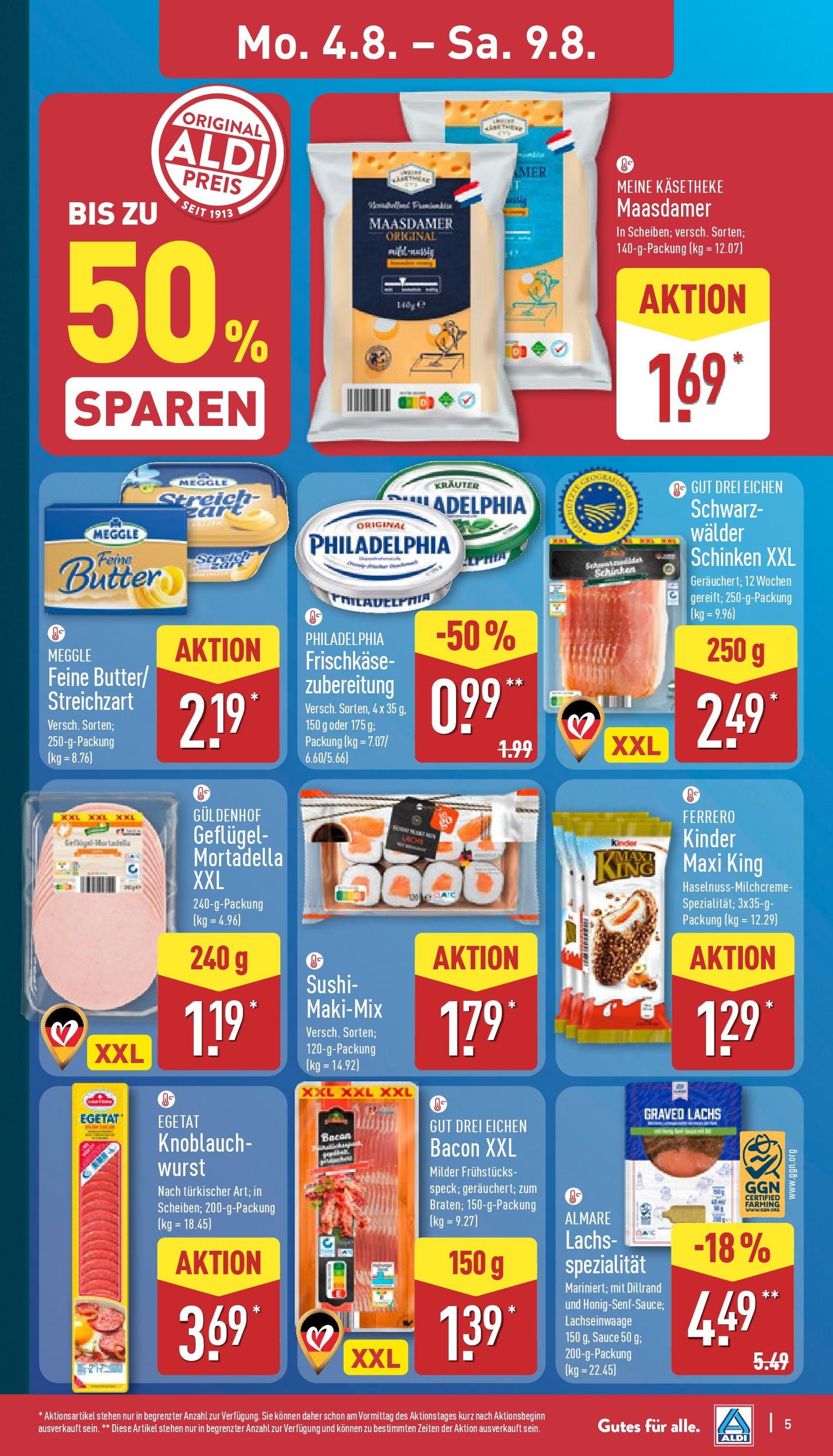 Aldi Prospekt 	 (ab 04.08.2025) » Angebote Online | Seite: 5 | Produkte: Philadelphia, Wurst, Knoblauch, Frischkase