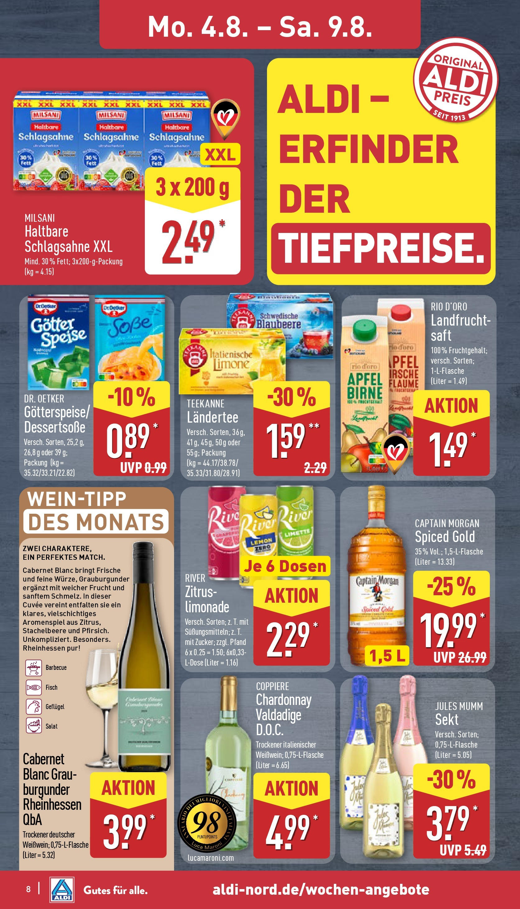 Aldi Prospekt 	 (ab 04.08.2025) » Angebote Online | Seite: 8 | Produkte: Schlagsahne, Jules mumm, Fisch, Saft