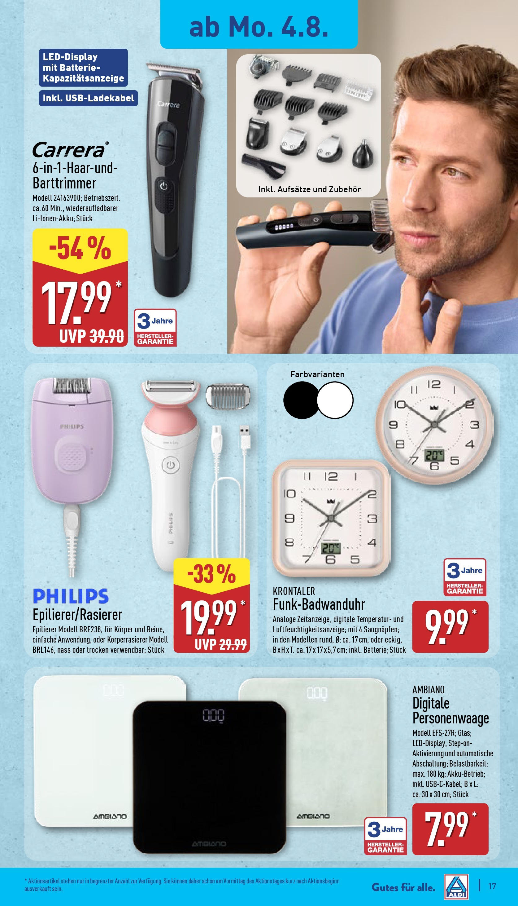 Aldi Prospekt 	 (ab 04.08.2025) » Angebote Online | Seite: 17 | Produkte: Philips, Epilierer, Batterie, Personenwaage