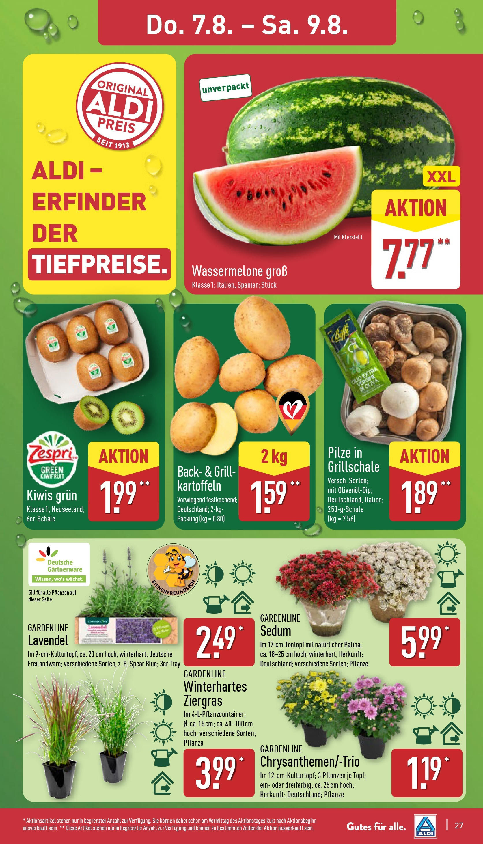 Aldi Prospekt 	 (ab 04.08.2025) » Angebote Online | Seite: 27 | Produkte: Grill, Kartoffeln, Wassermelone, Lavendel