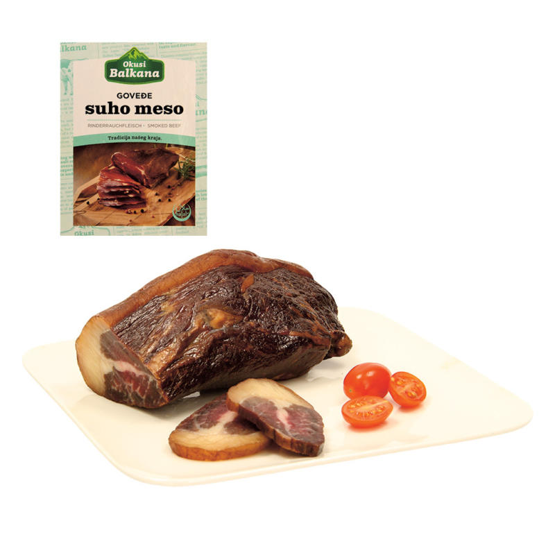 Halal Rinderrauchfleisch, gesalzen, mindestens 50 Tage luftgetrocknet gereift.