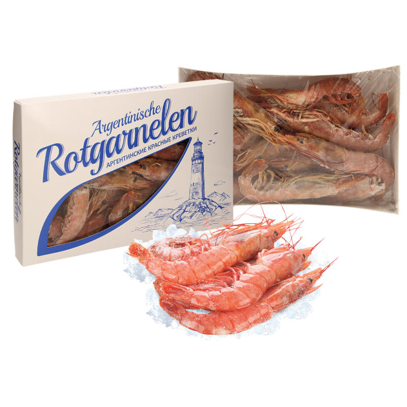 Argentinische Rotgarnelen, roh, mit Kopf, mit Schale, nicht entdarmt, tiefgefroren. 10-20