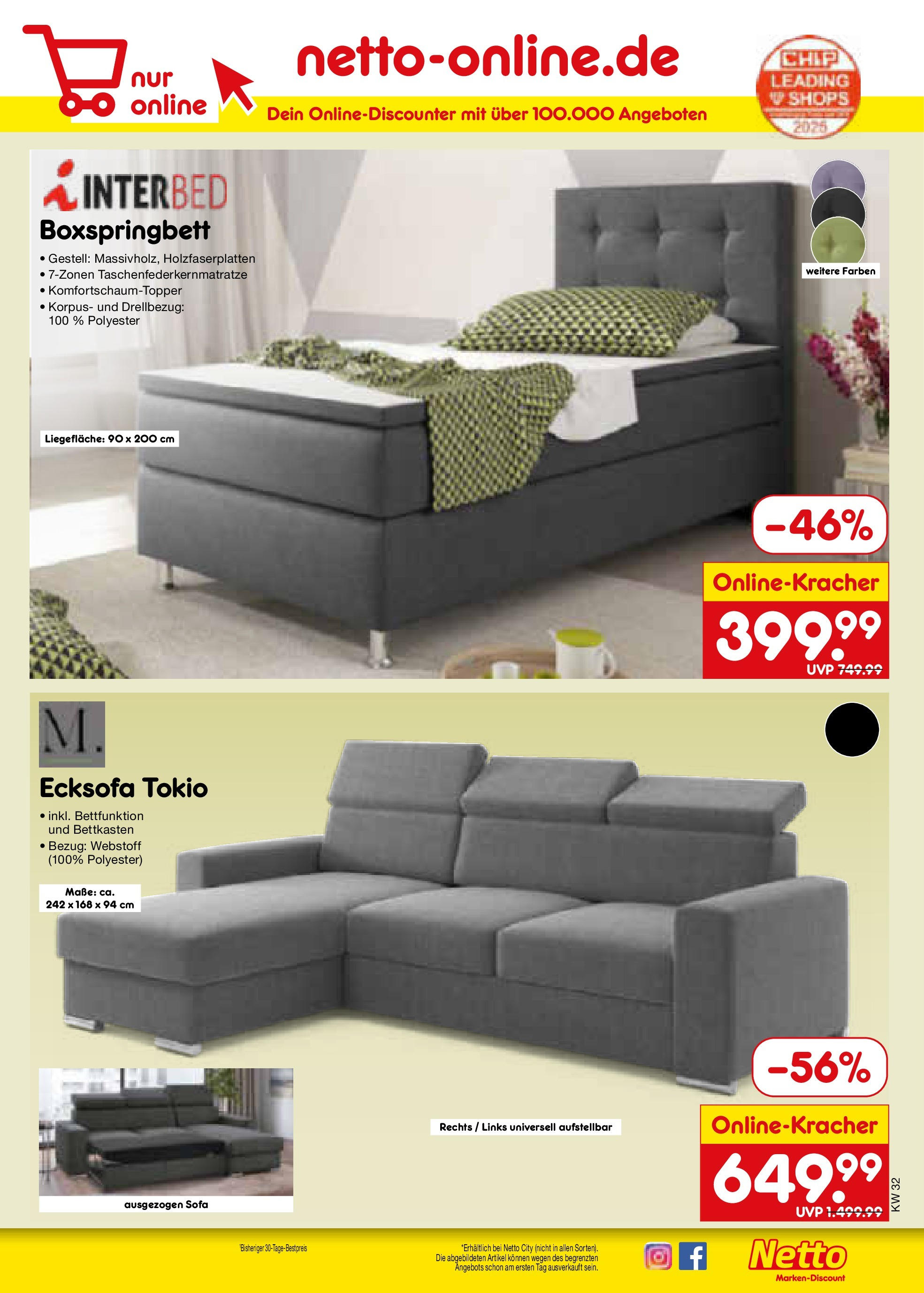 Netto Marken-Discount prospekt Bonn (ab 04.08.2025) » Angebote | Seite: 39 | Produkte: Ecksofa, Sofa, Boxspringbett Netto Marken-Discount prospekt Bonn (ab 04.08.2025) » Angebote | Seite: 39 | Produkte: Ecksofa, Sofa, Boxspringbett